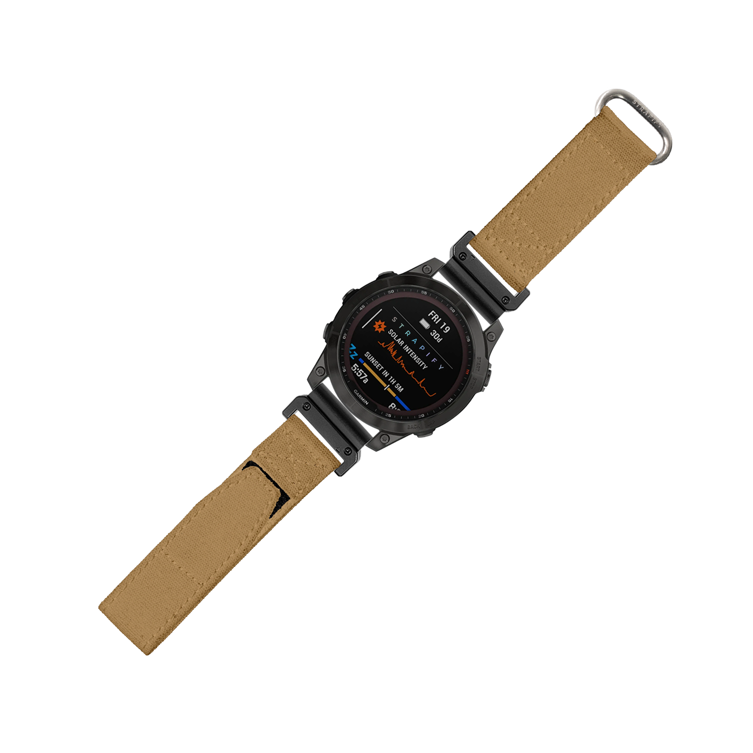 Military smartwatch with black digital display and tan canvas Velcro strap featuring quick-fit 22mm connector and metal hardware