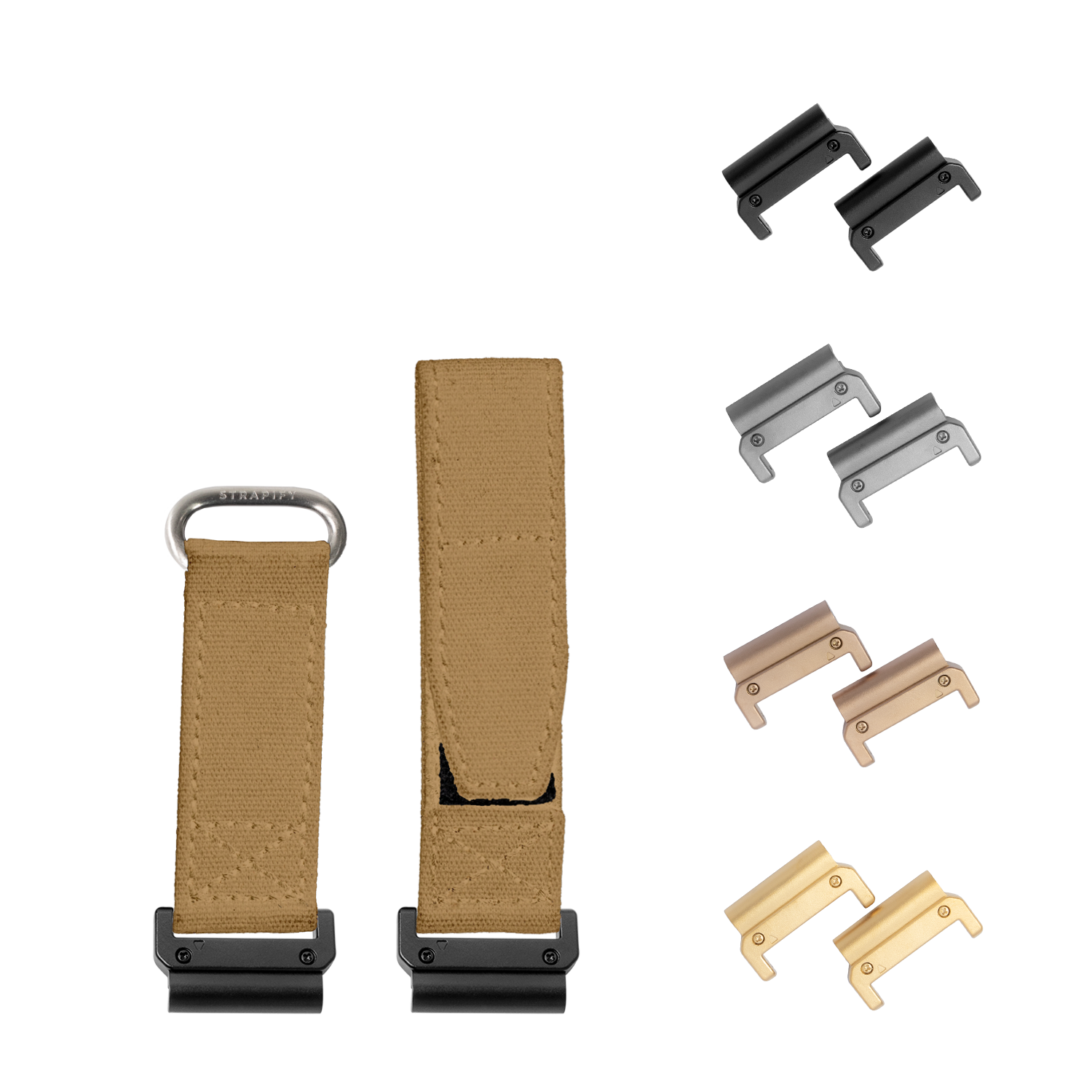 Interchangeable QuickFit watch straps set with desert sand canvas bands and multiple metal hardware lugs in black, silver, bronze and gold finishes
