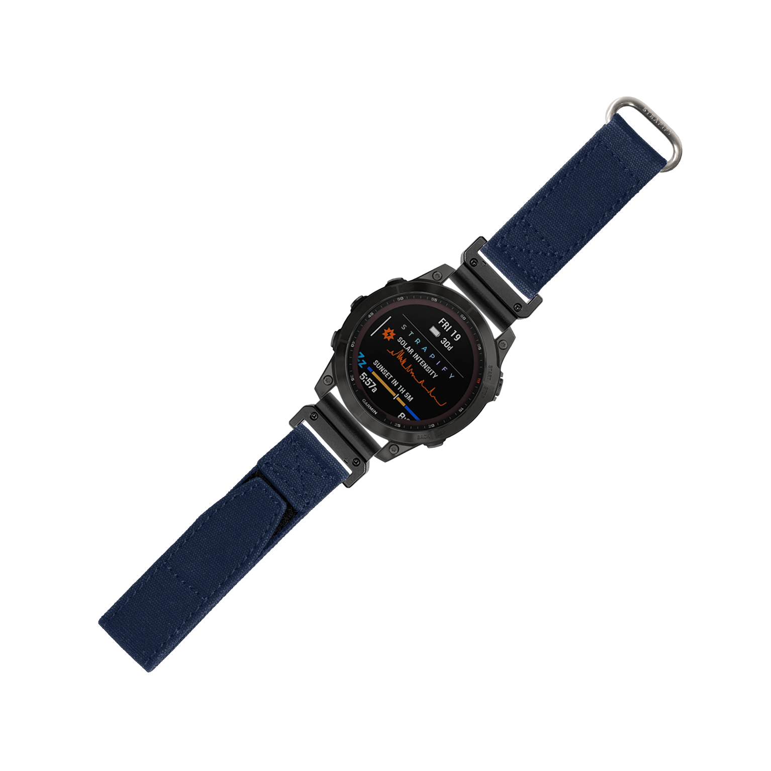 Black digital smartwatch with navy blue fabric velcro strap and metal hardware, displaying fitness metrics on AMOLED screen