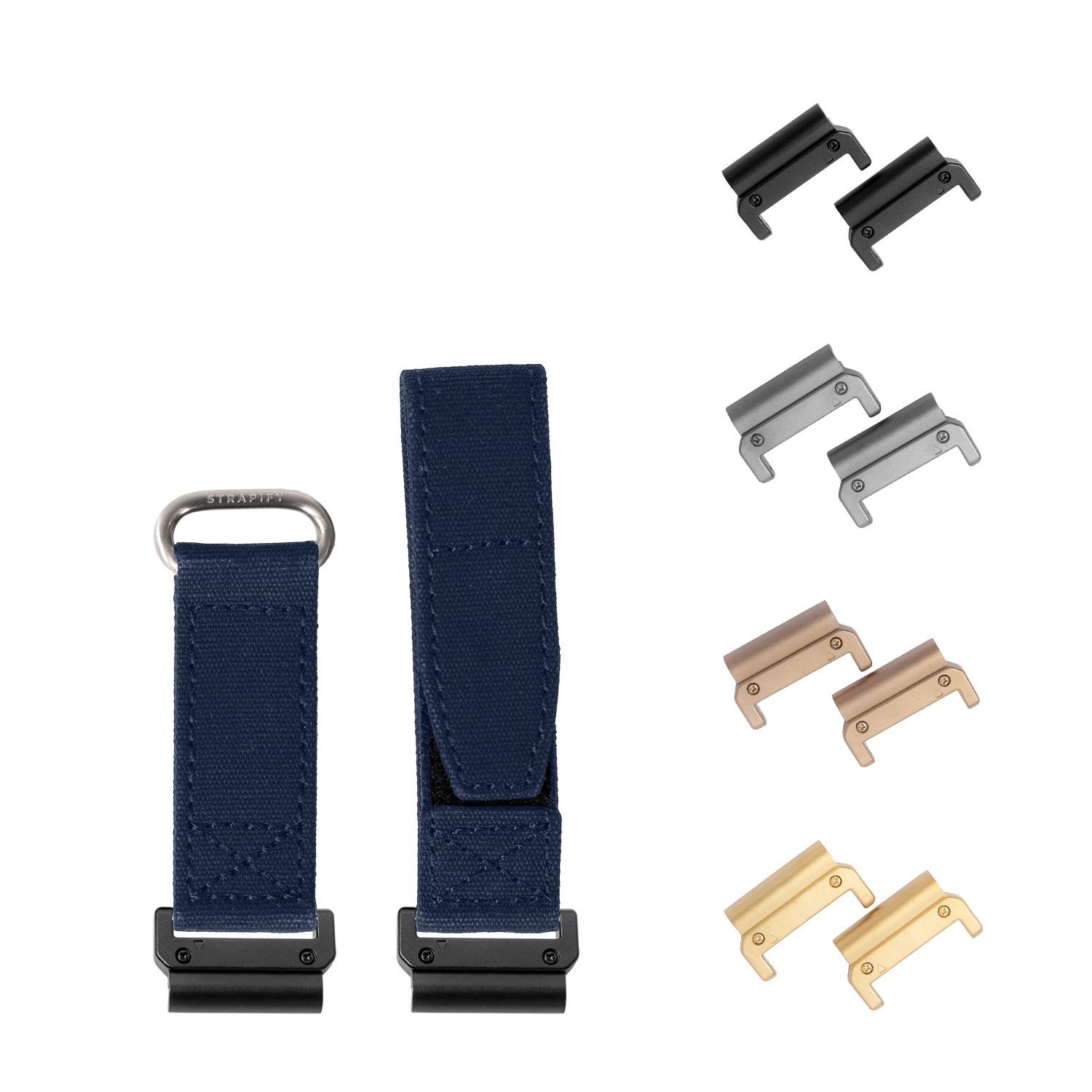 QuickFit military velcro watch strap in navy blue 22mm with interchangeable metal hardware in black, silver, bronze and gold finishes