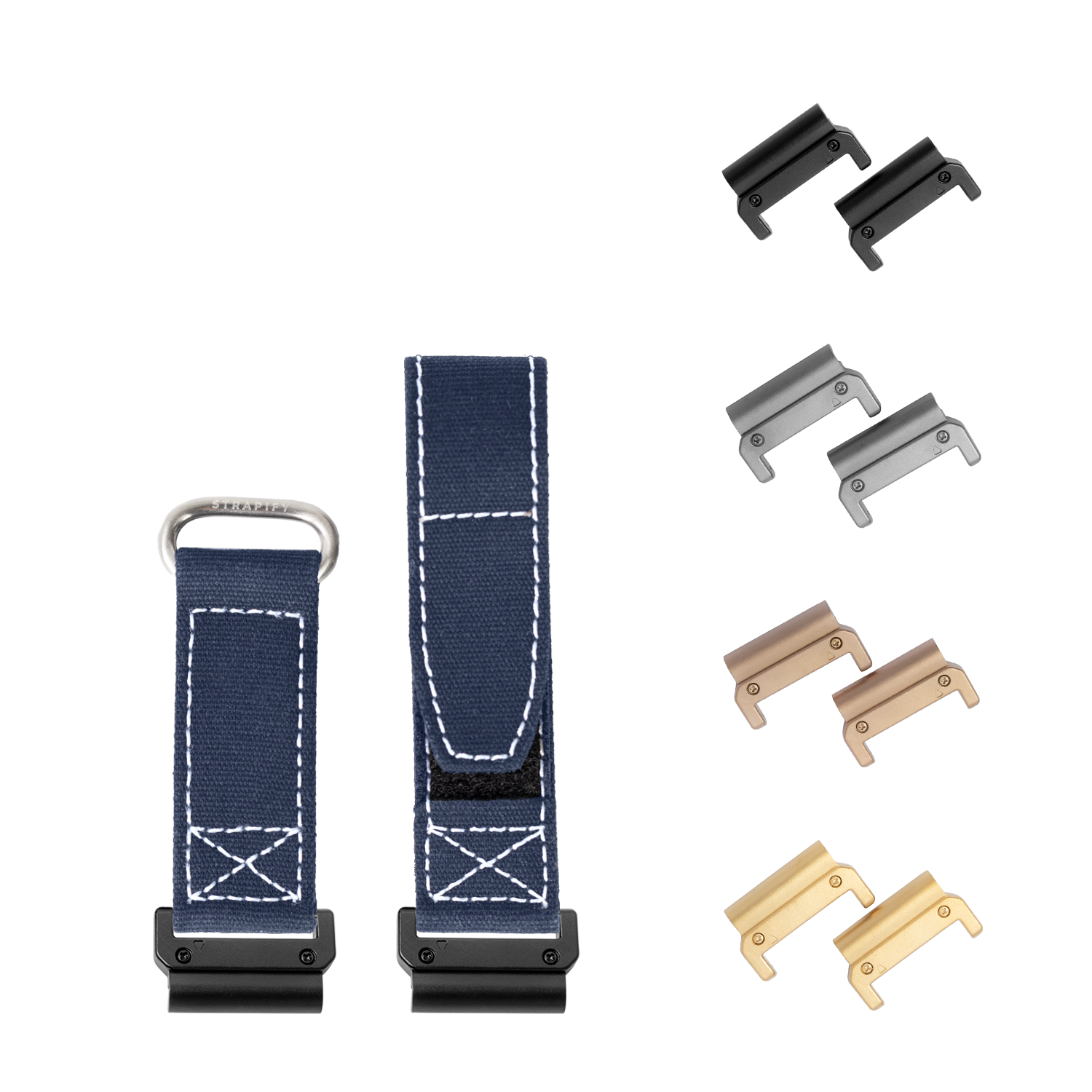 QuickFit military velcro watch bands navy blue with white stitching 22mm and interchangeable metal hardware in black, silver, bronze and gold finishes