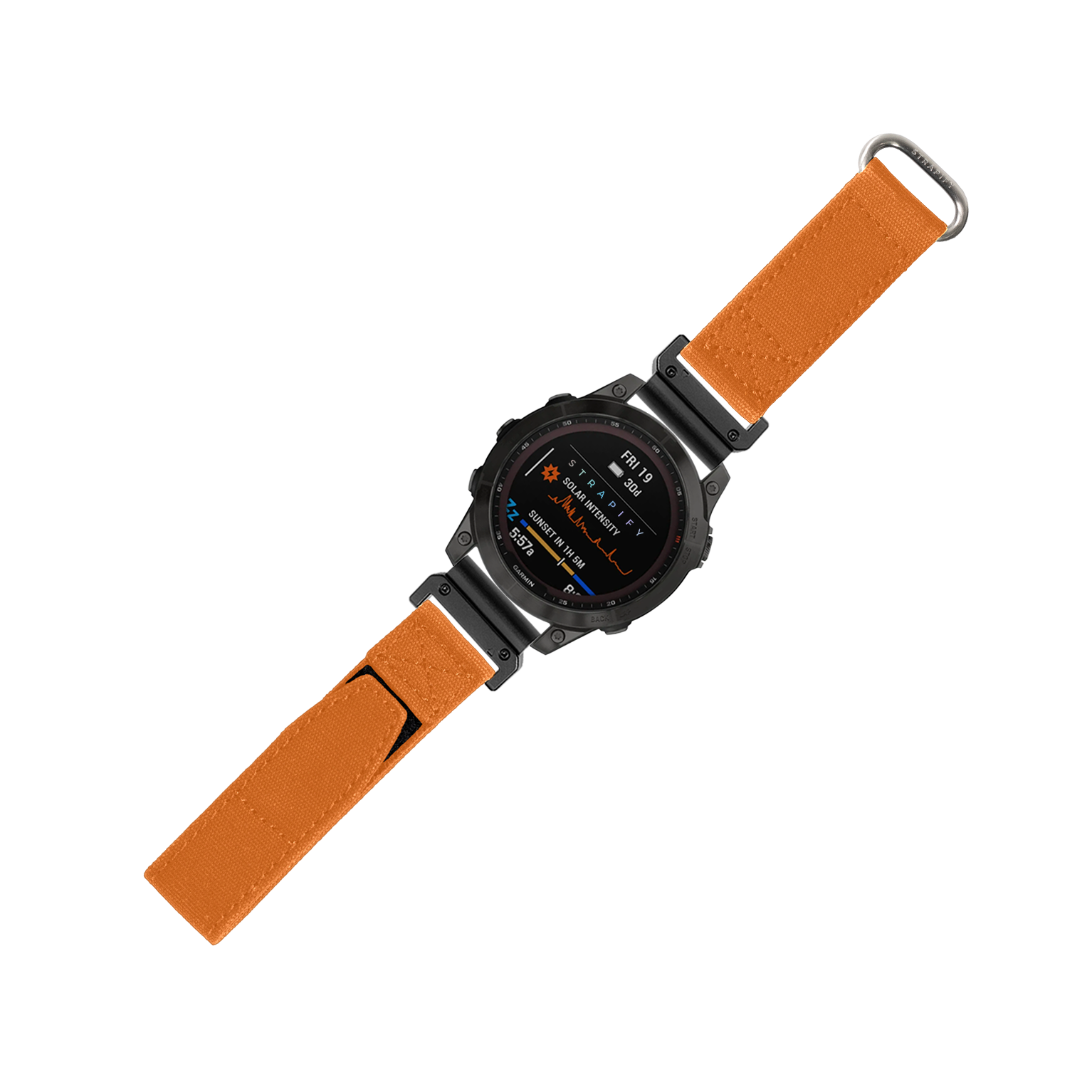 Military smartwatch with black case and orange fabric velcro strap featuring digital display with tactical readouts