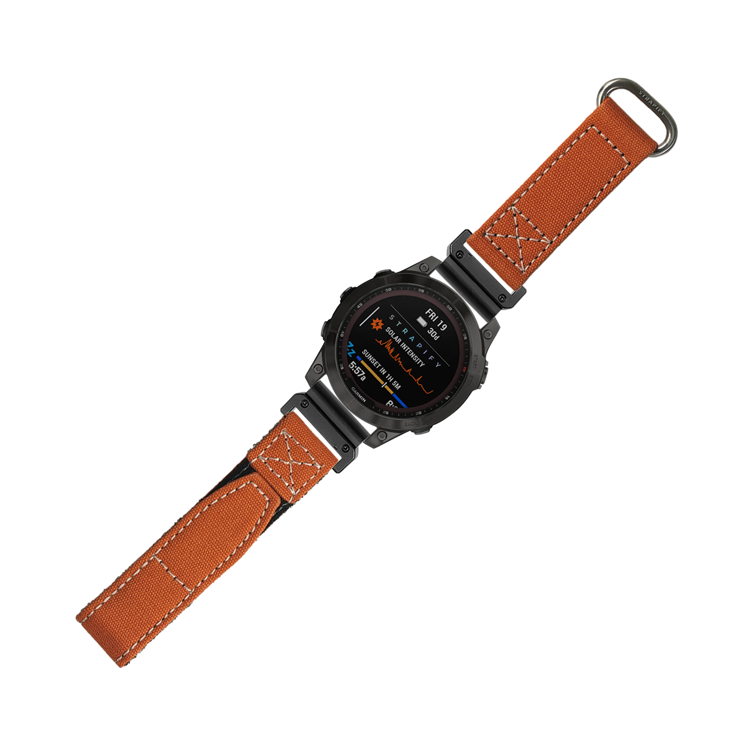 Military smartwatch with black case, orange fabric band with white stitching and quick-release velcro closure, displaying digital metrics on AMOLED screen