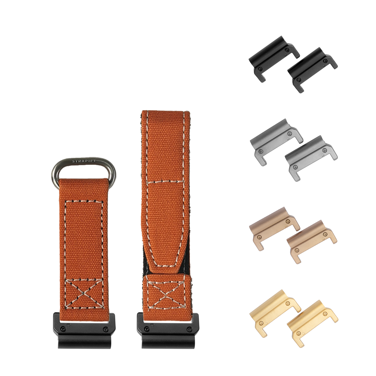 QuickFit 22mm military orange canvas watch band with white stitching and interchangeable metal hardware in black, silver, bronze and gold finishes