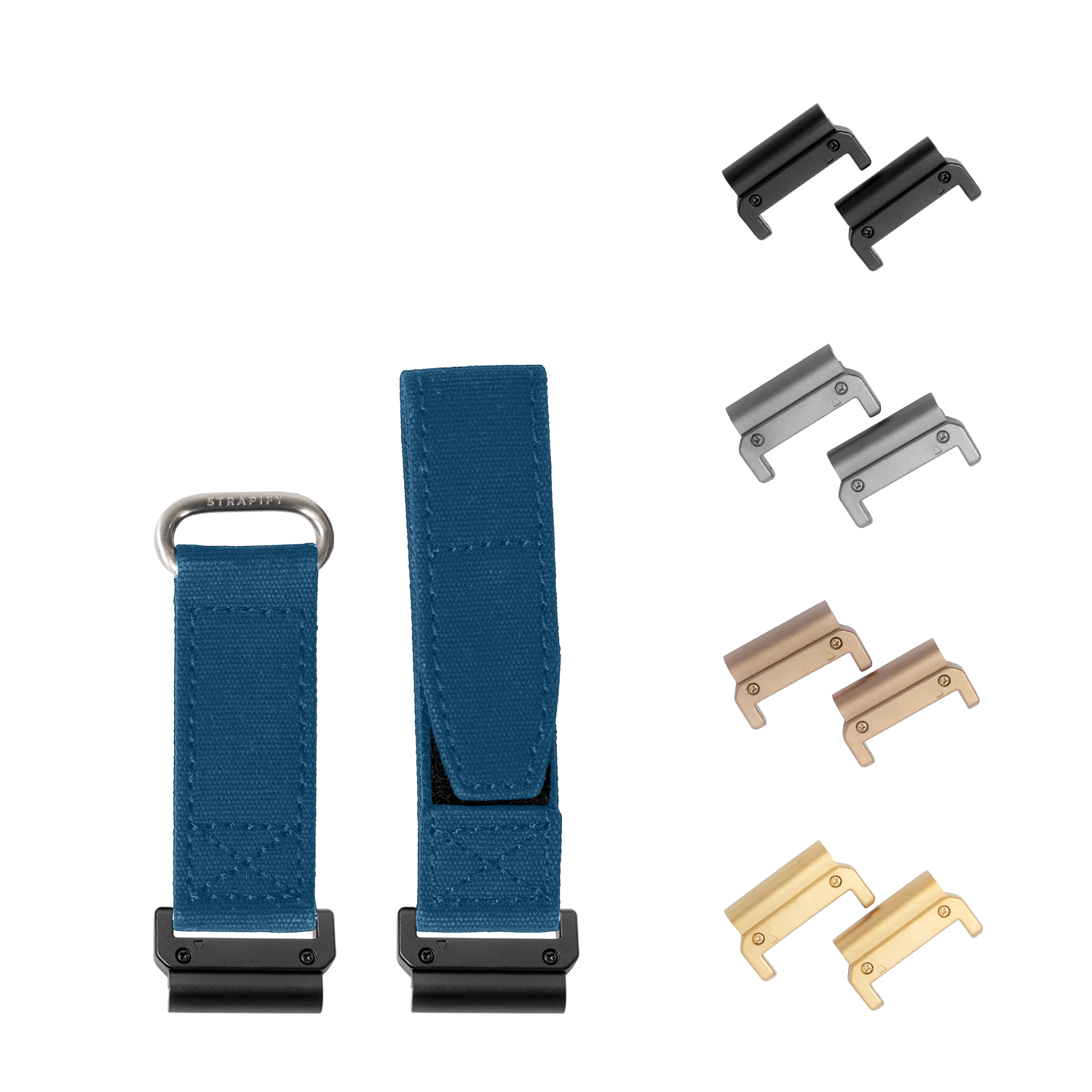 QuickFit military velcro watch straps in petrol blue 22mm with interchangeable metal buckle hardware in black, silver, bronze and gold finishes