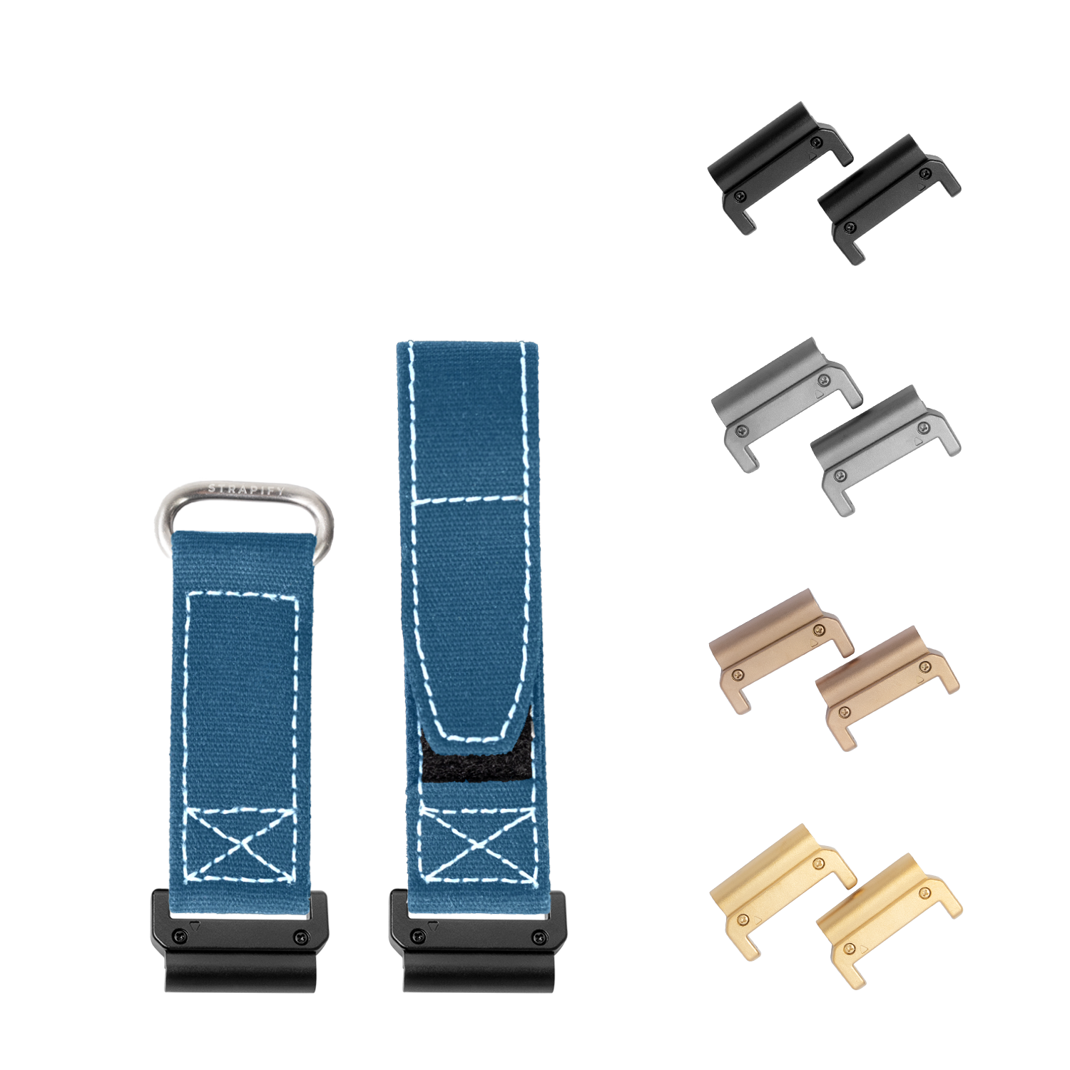 QuickFit military velcro watch strap 22mm petrol blue with white stitching and interchangeable metal hardware in black, silver, bronze and gold finishes