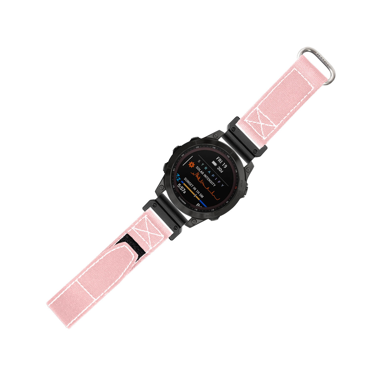 Black digital smartwatch with pink military-style velcro strap featuring white stitching and quick-fit connector