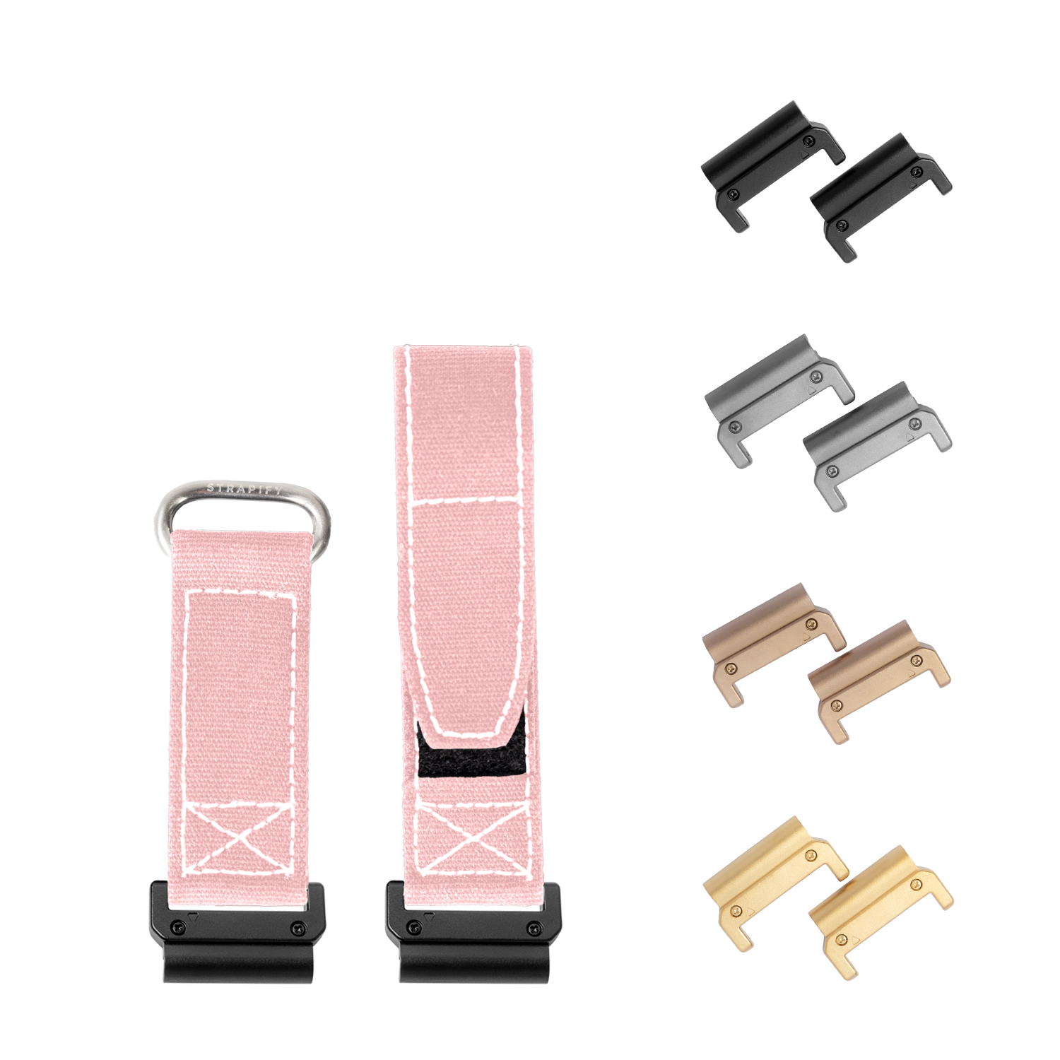 QuickFit military velcro watch band 22mm pink with white stitching and interchangeable metal hardware in black, silver, bronze and gold finishes