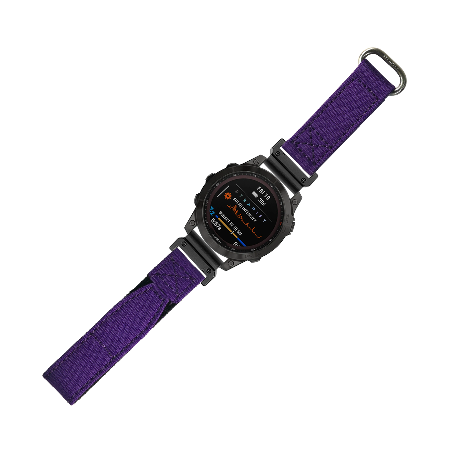 Military smartwatch with black digital display and purple velcro QuickFit strap, sports watch with tactical design