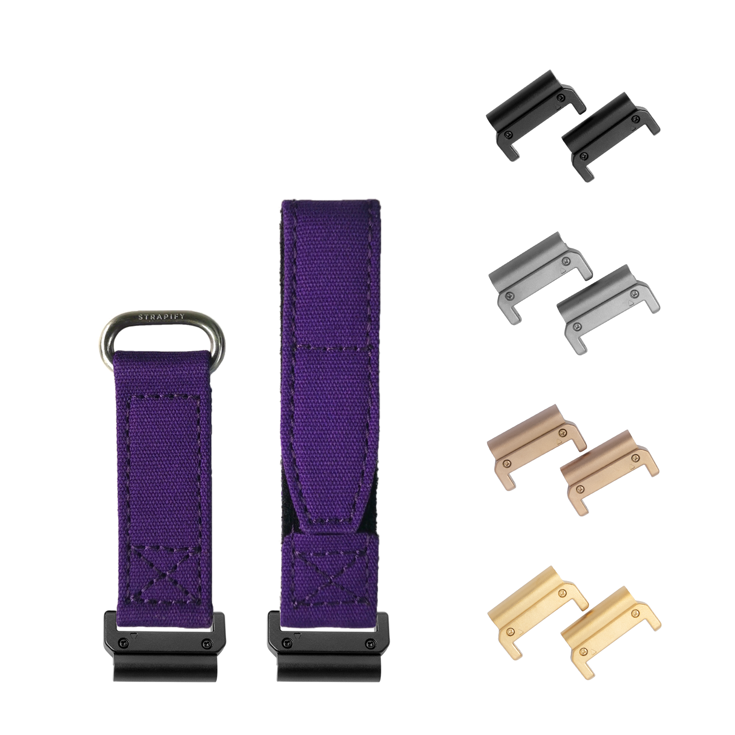 Purple QuickFit military velcro watch bands 22mm with interchangeable metal hardware in multiple finishes