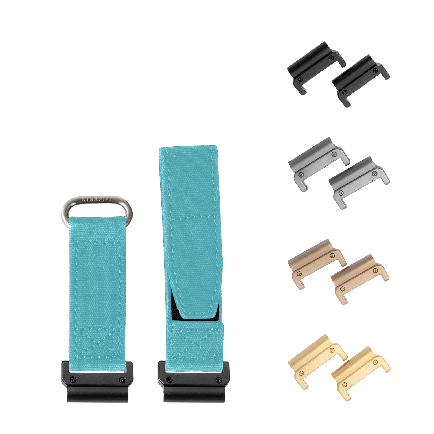 Military-style Velcro watch straps in sky blue 22mm with interchangeable metal hardware in black, silver, bronze, and gold finishes