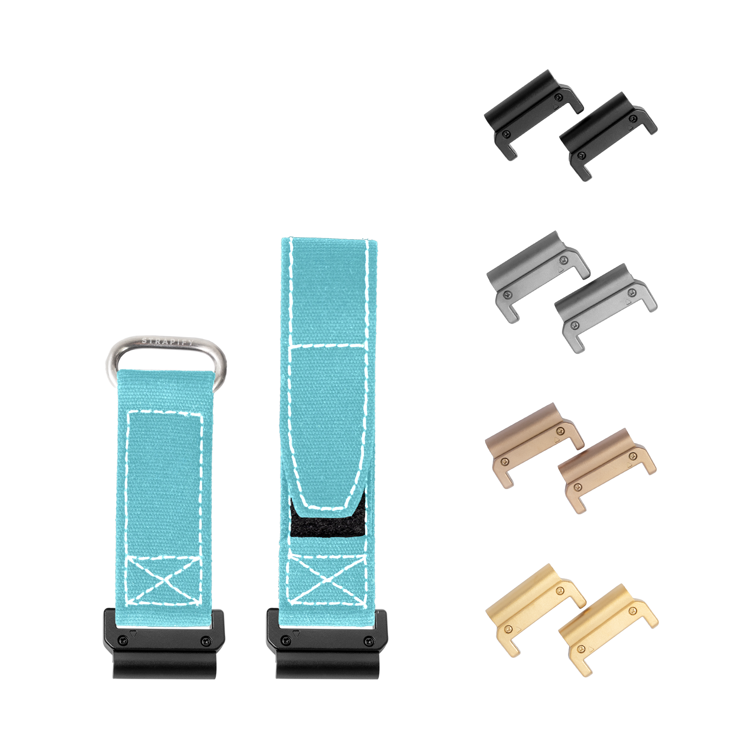 QuickFit military velcro watch band sky blue with white stitching 22mm and interchangeable metal hardware in black silver bronze and gold finishes