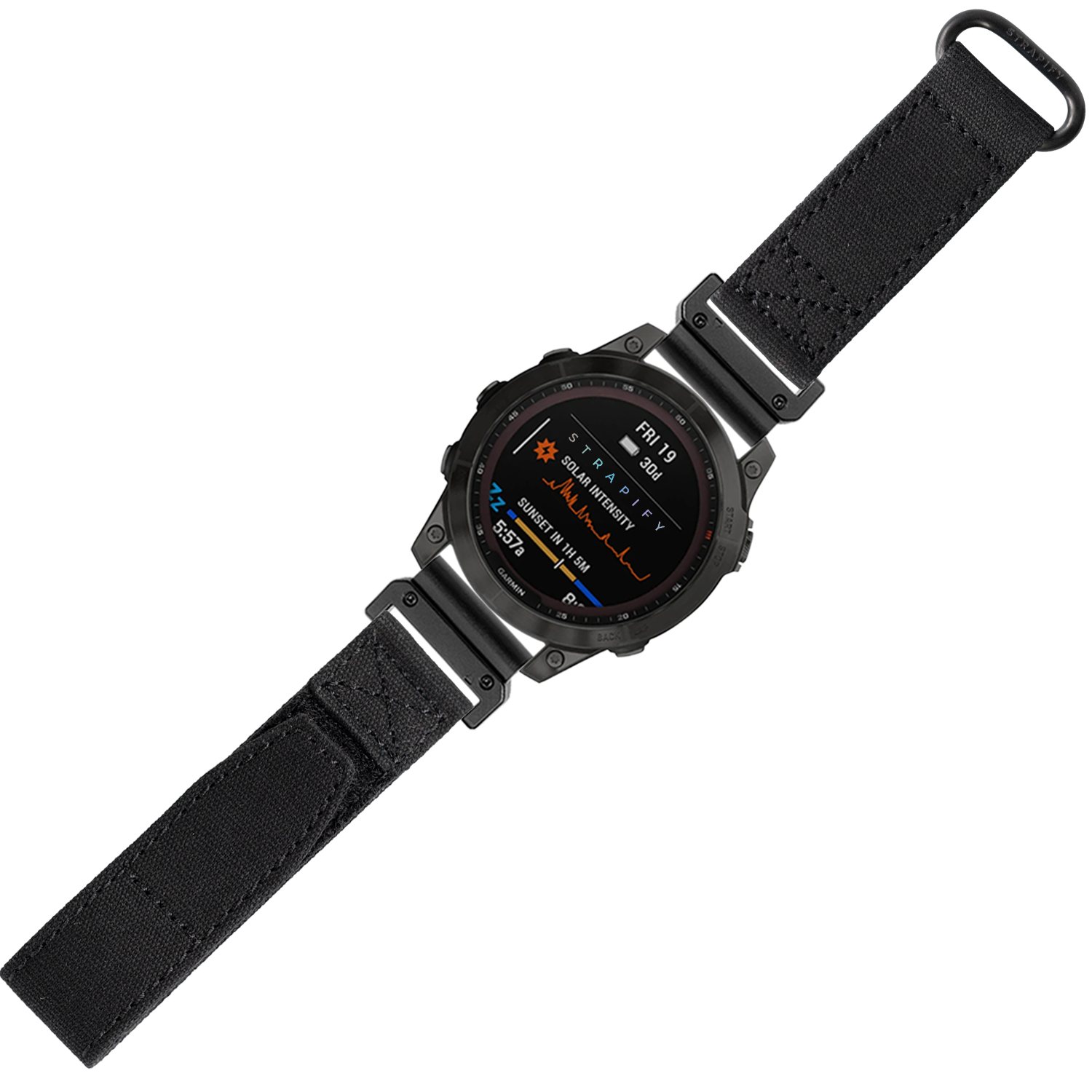Military tactical smartwatch with black fabric velcro strap, digital display showing fitness metrics and time