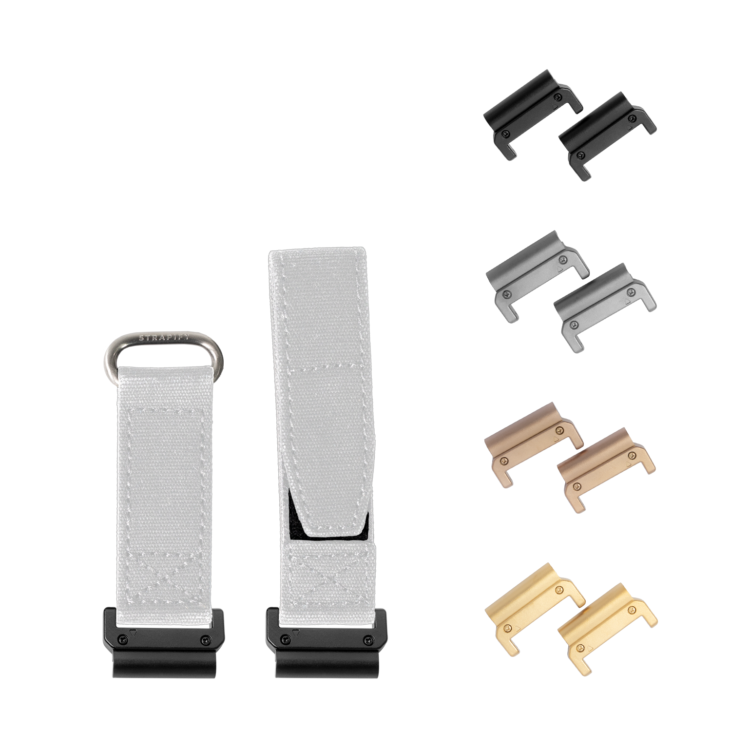 QuickFit military velcro watch straps in white 22mm with interchangeable hardware in black, gunmetal, bronze and gold finishes