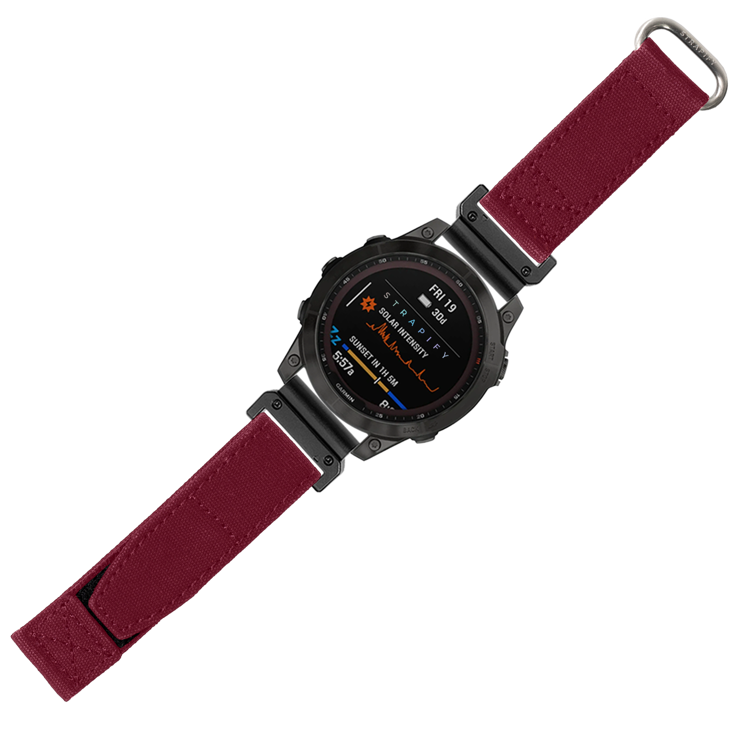 Military smartwatch with black case and wine red fabric velcro strap, displaying fitness metrics on AMOLED screen