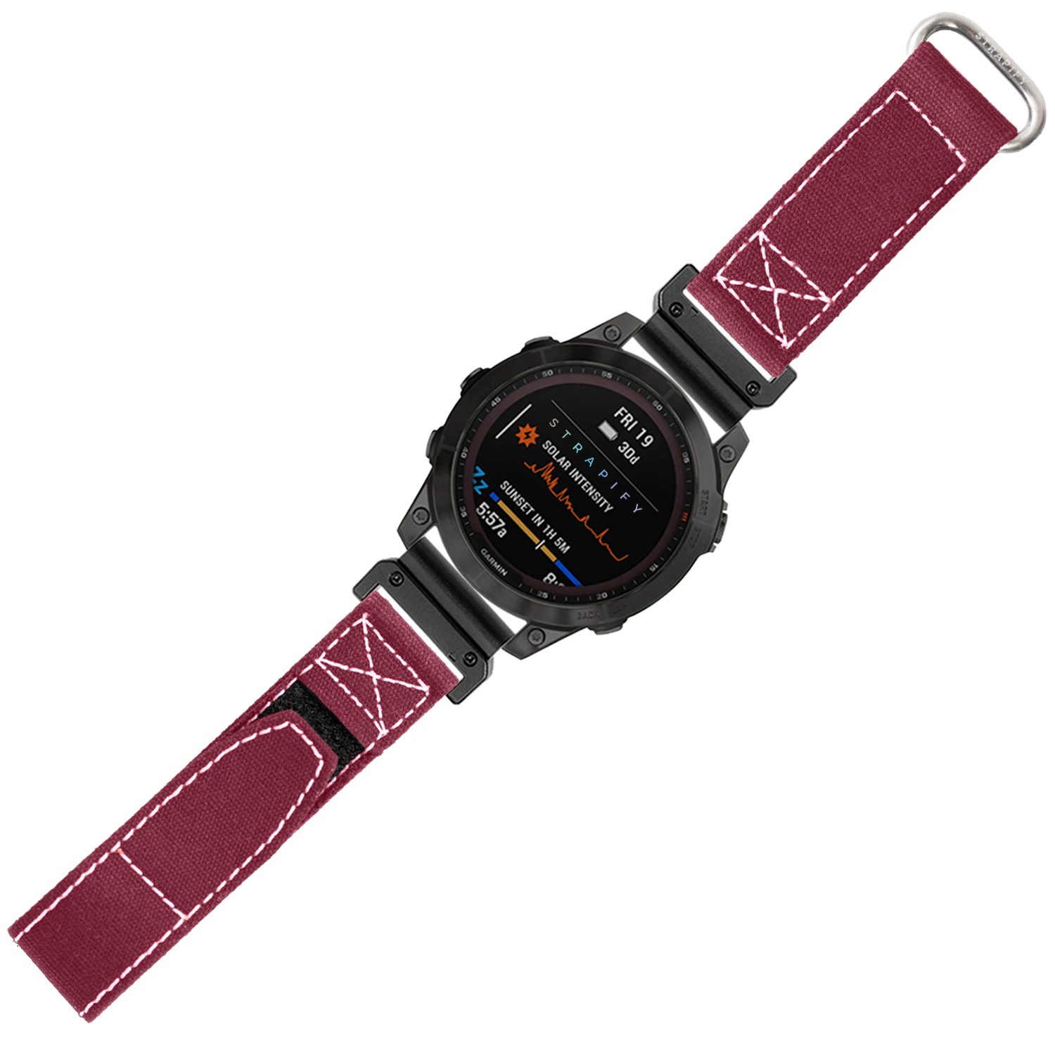 Black digital smartwatch with wine red military velcro band, white stitching, and AMOLED display showing fitness metrics