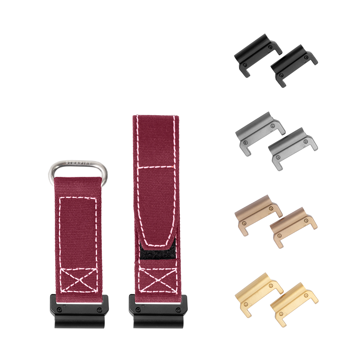 Quickfit military velcro watch bands in wine red with white stitching and interchangeable metal hardware in black, silver, bronze and gold finishes