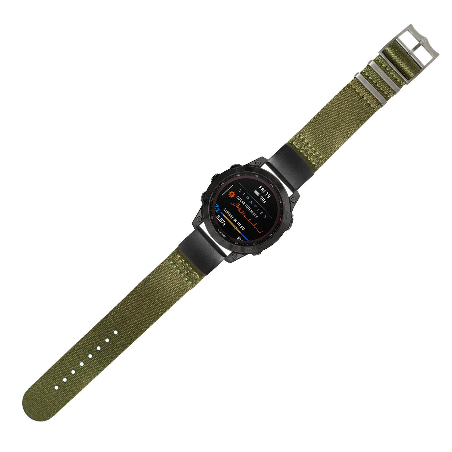 Black digital tactical Garmin smartwatch with army green fabric strap