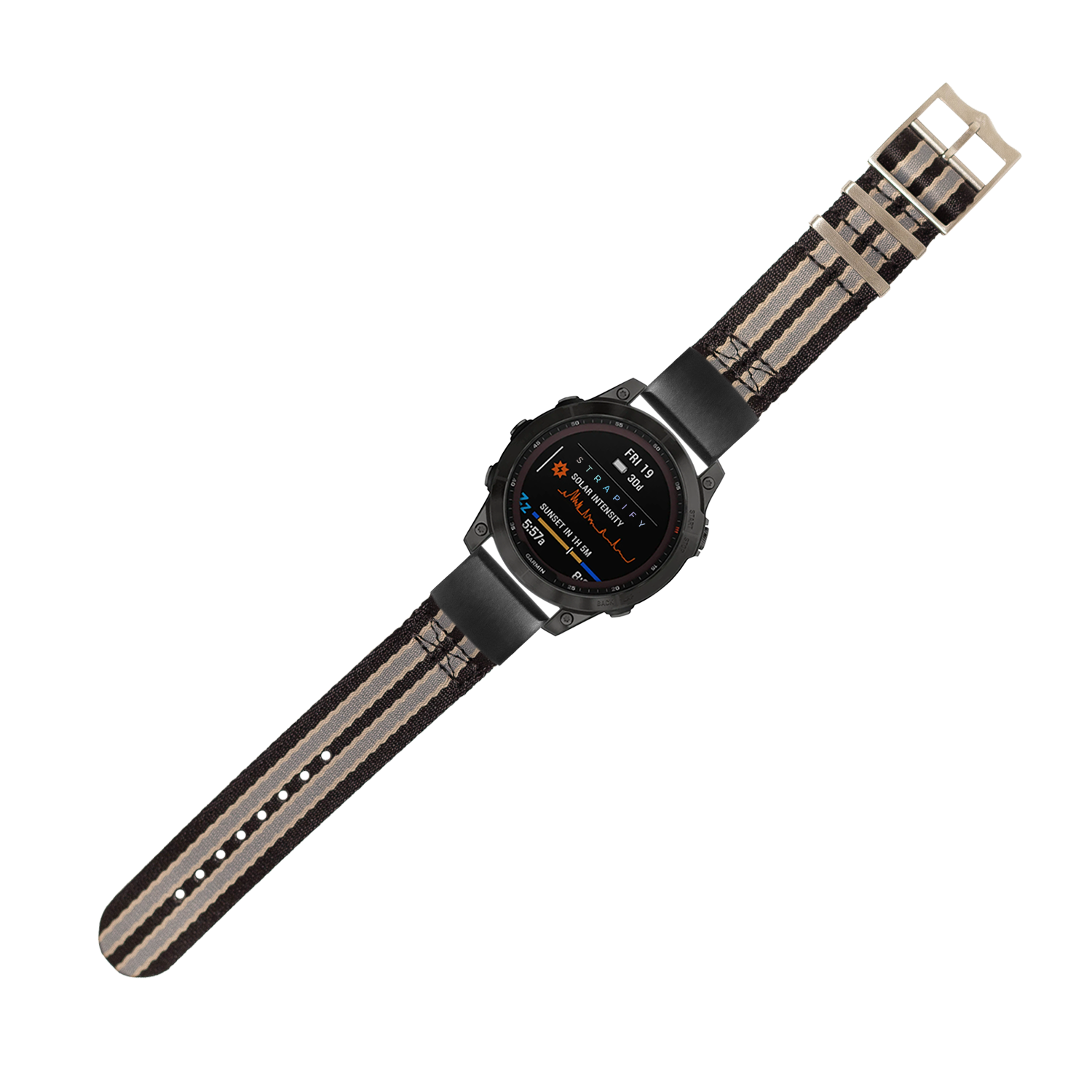 Black digital tactical smartwatch with beige and grey striped fabric strap and AMOLED display showing fitness metrics
