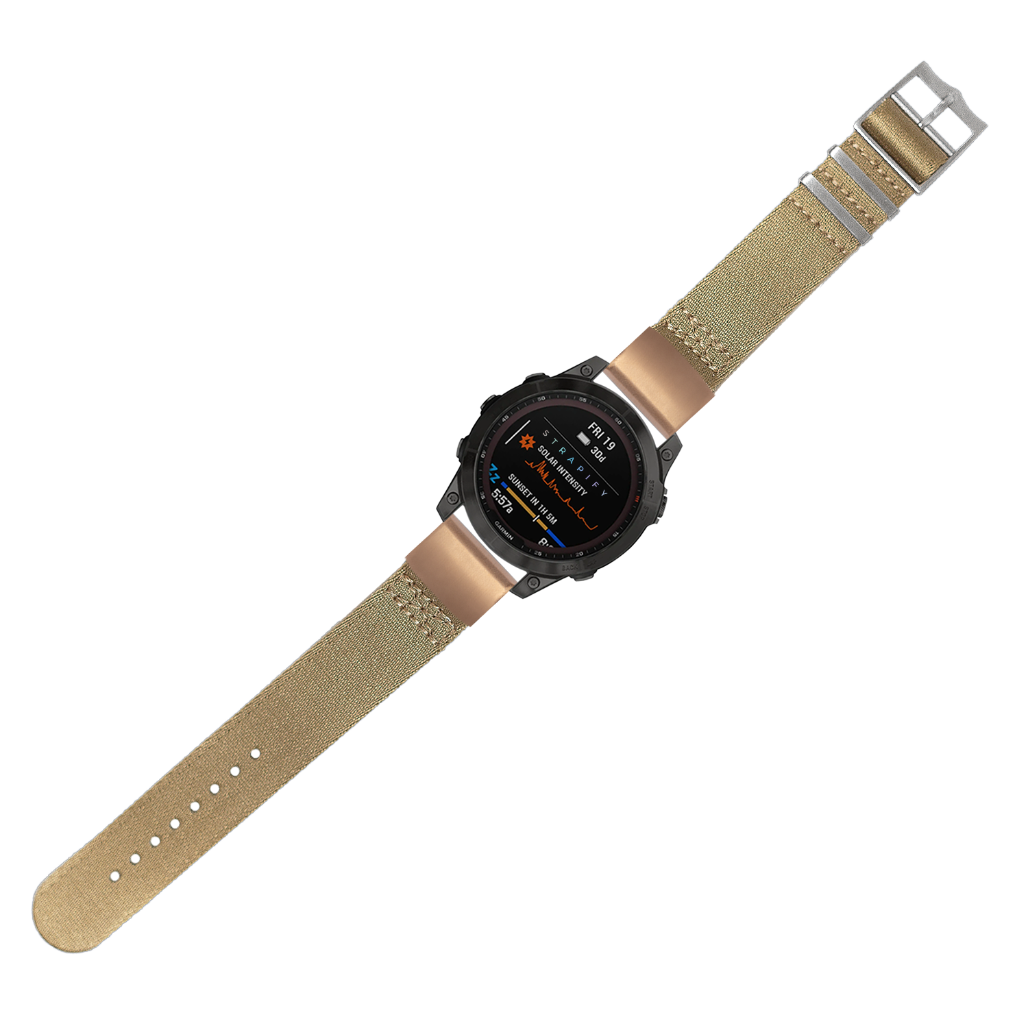 Military smartwatch with black digital display and desert sand canvas QuickFit band with bronze hardware