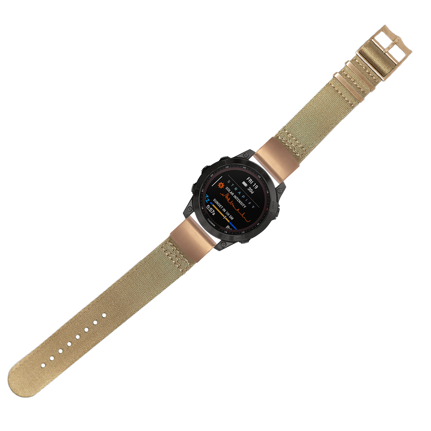 Tactical smartwatch with black digital display and desert sand fabric strap with rose gold hardware and buckle closure