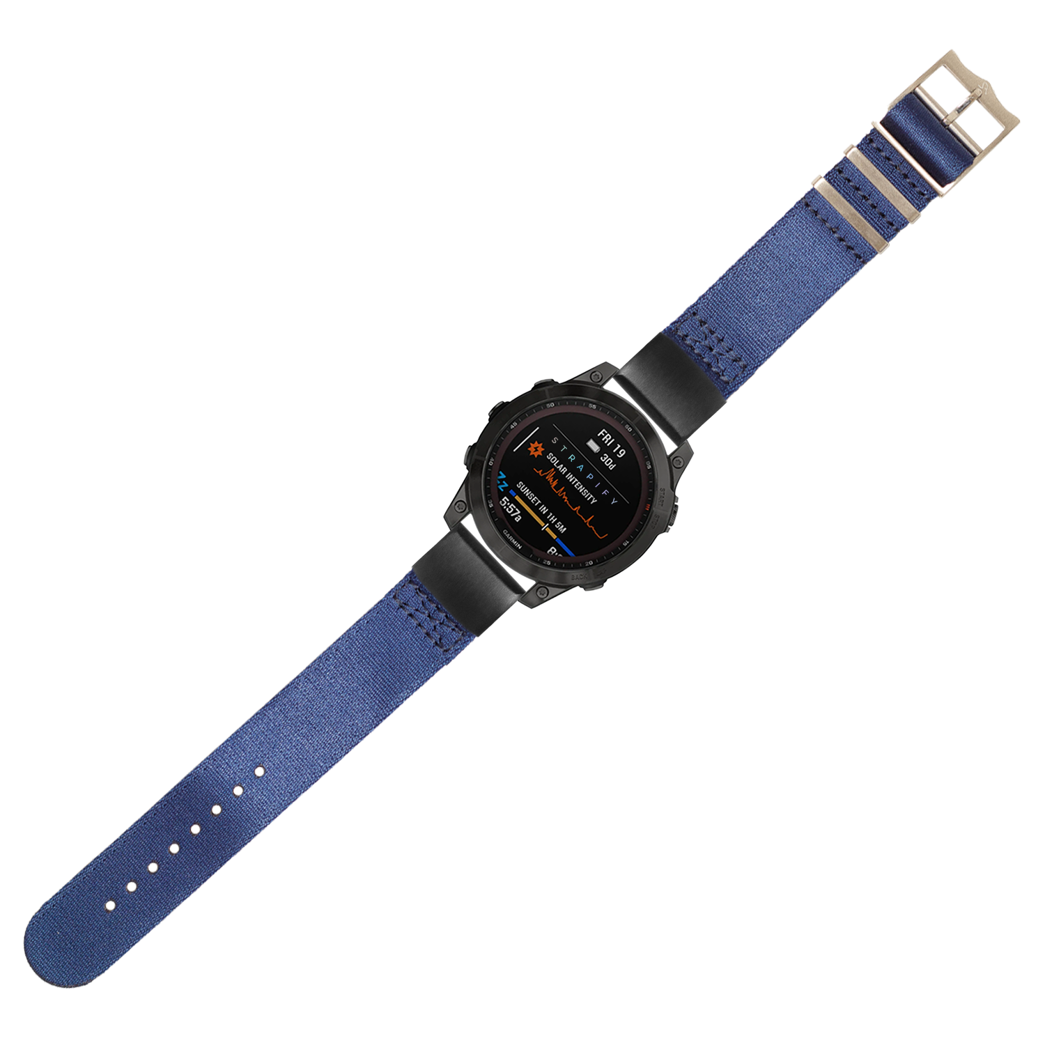 Military smartwatch with black digital display and blue textile QuickFit band with metal buckle closure