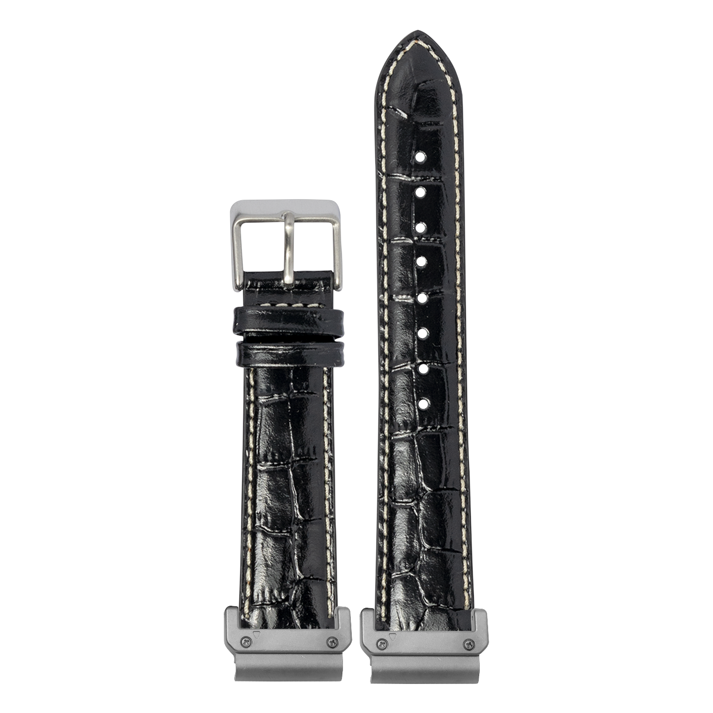 Alligator Leather Black White Stitching strap with QuickFit adapters attached to both ends