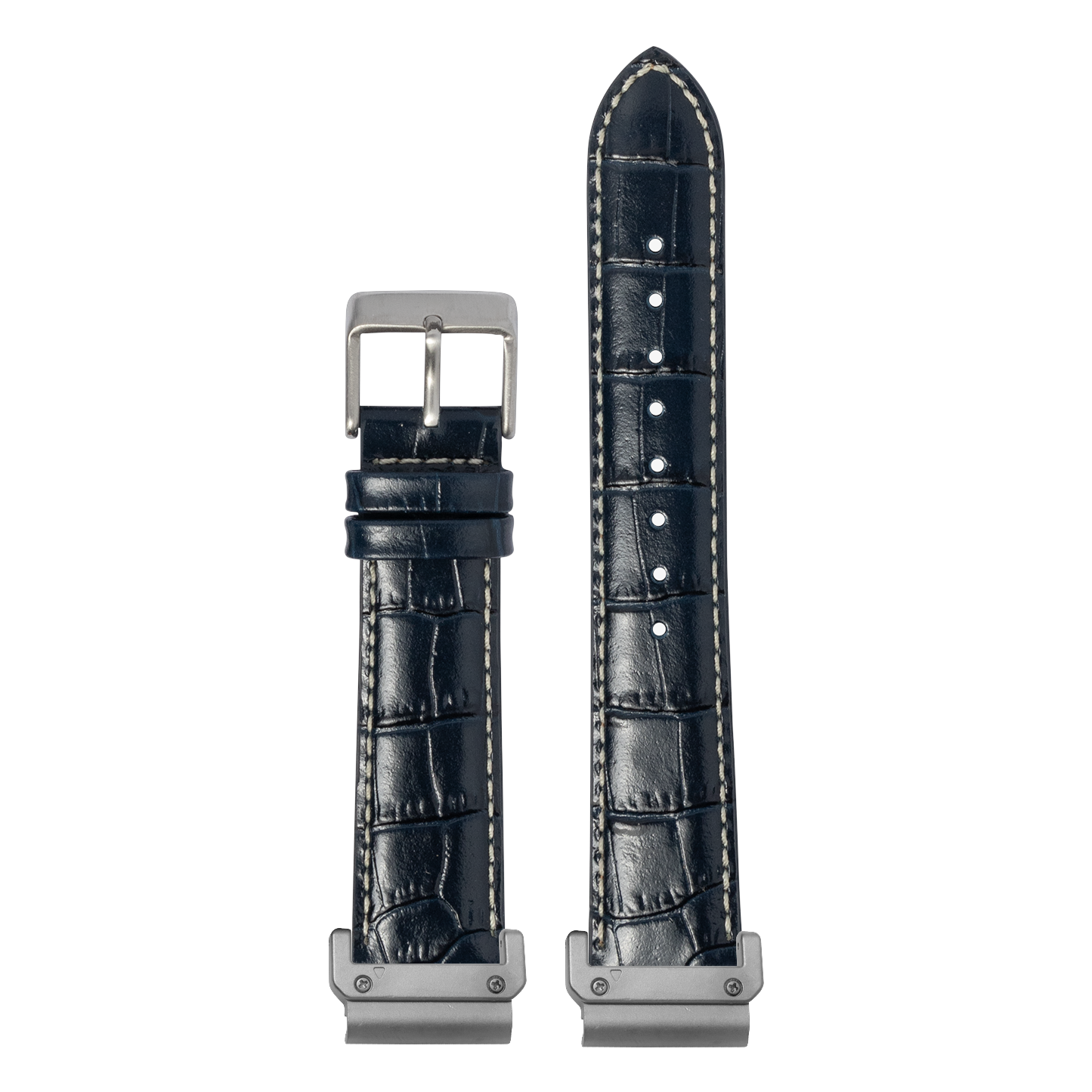 Alligator Leather Navy Blue White Stitching strap with QuickFit adapters attached to both ends