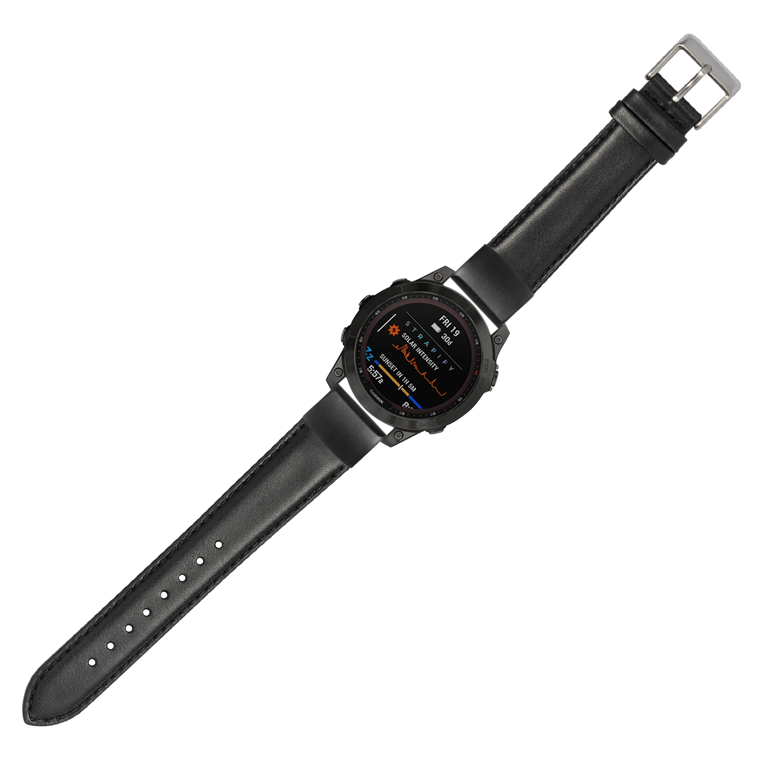 Black leather smartwatch band with padded design and quick-fit mechanism, 20mm width, metal buckle closure