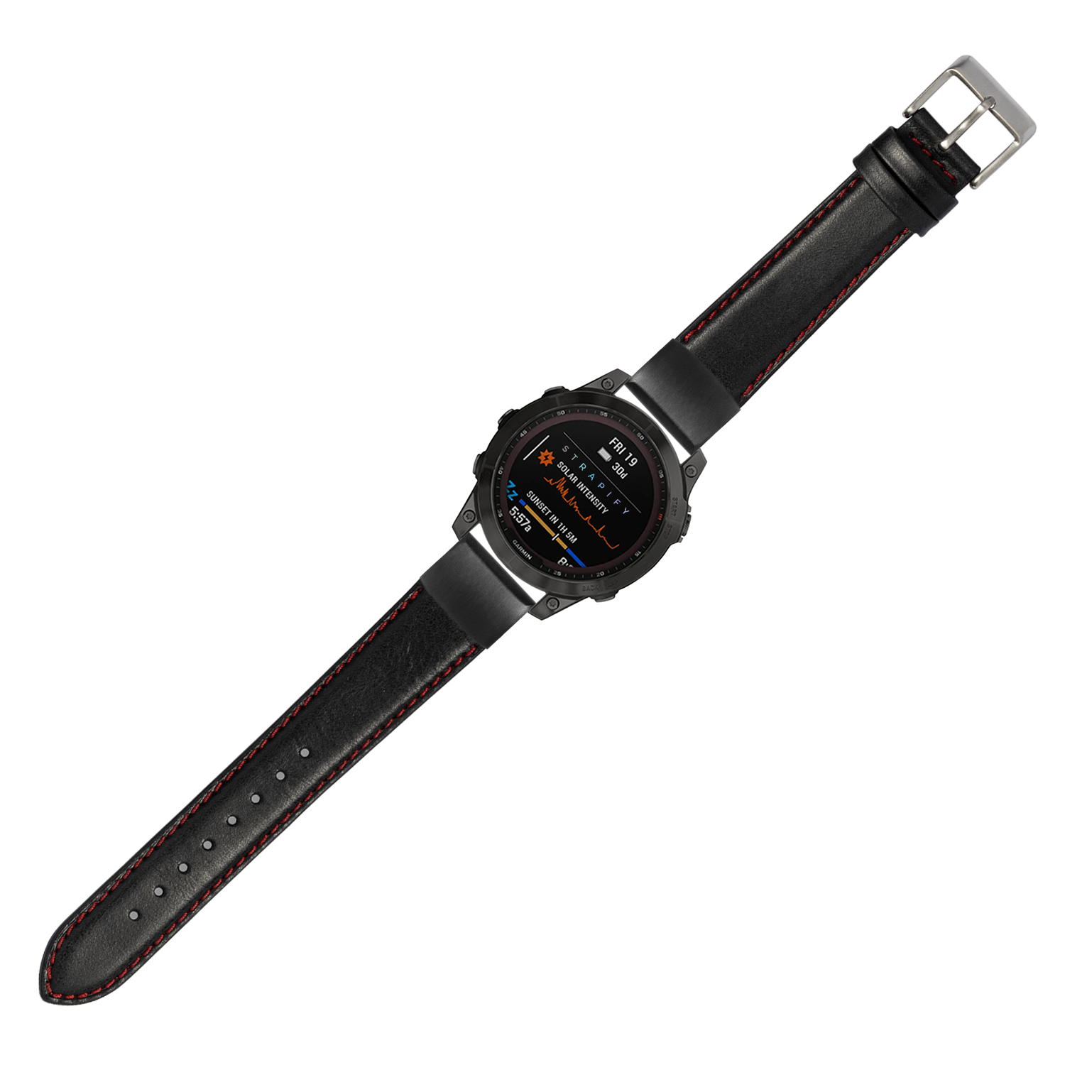 Black leather smartwatch band with red stitching, quick-fit 20mm connector, silver buckle