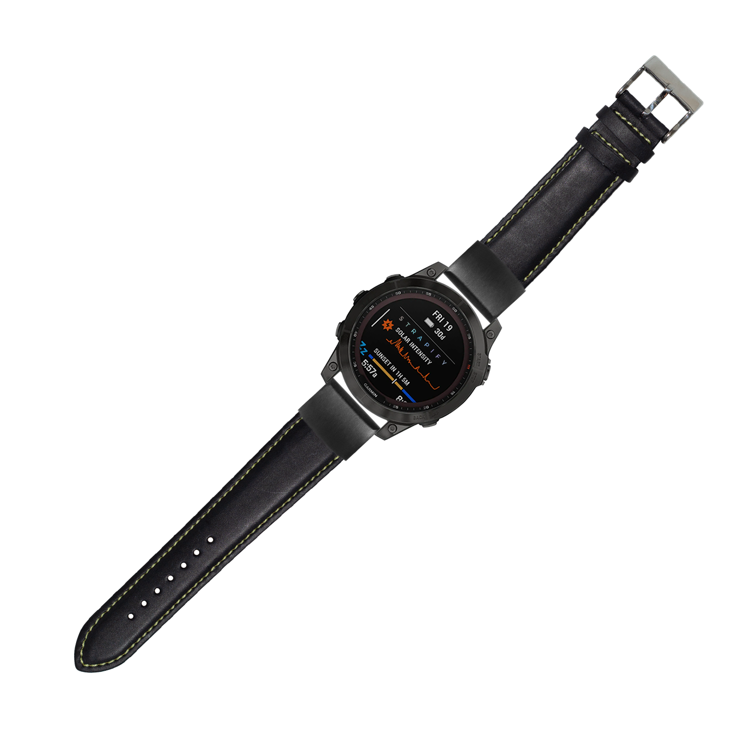 Black padded leather watch strap with yellow stitching, QuickFit 20mm compatible with contrasting tan thread detail