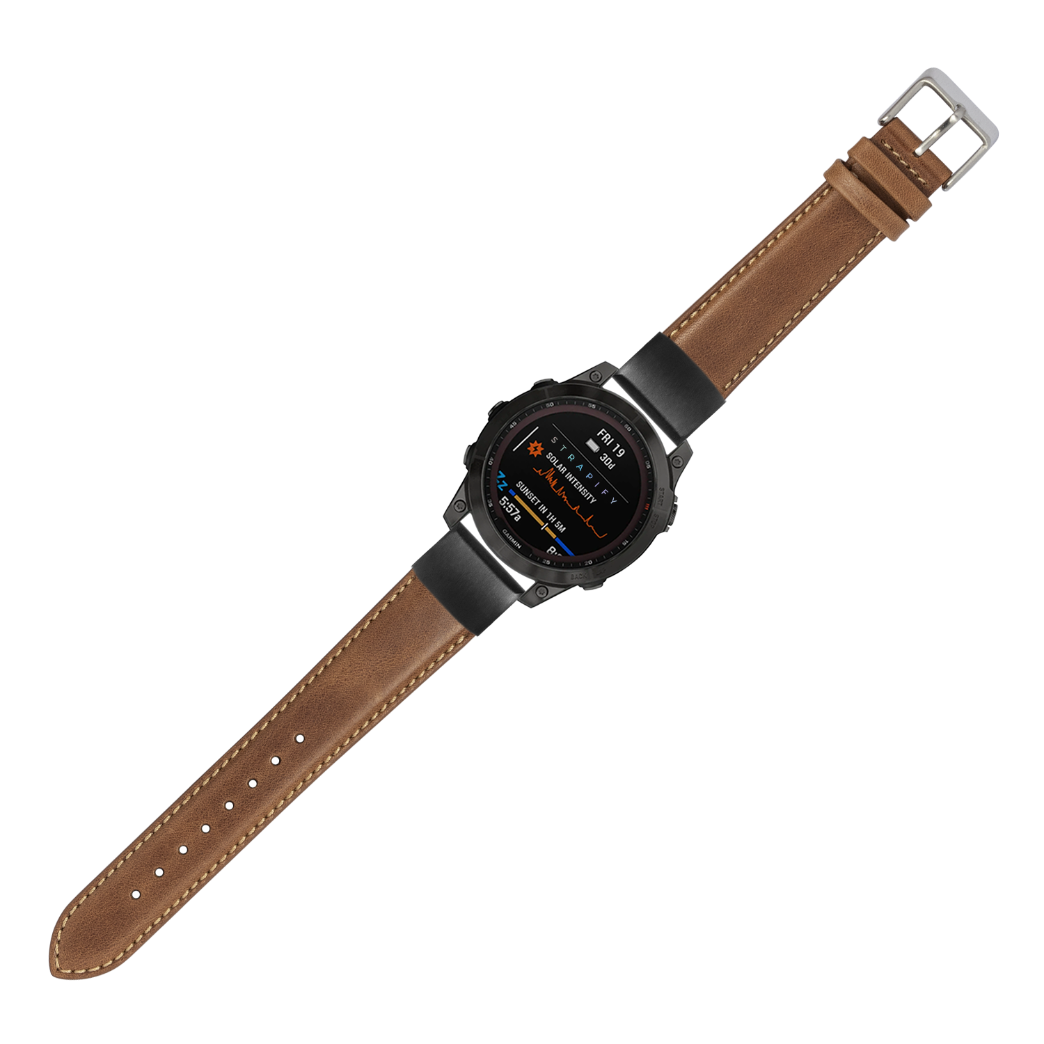 QuickFit padded leather watch band in brown with beige stitching, 20mm width, featuring stainless steel buckle
