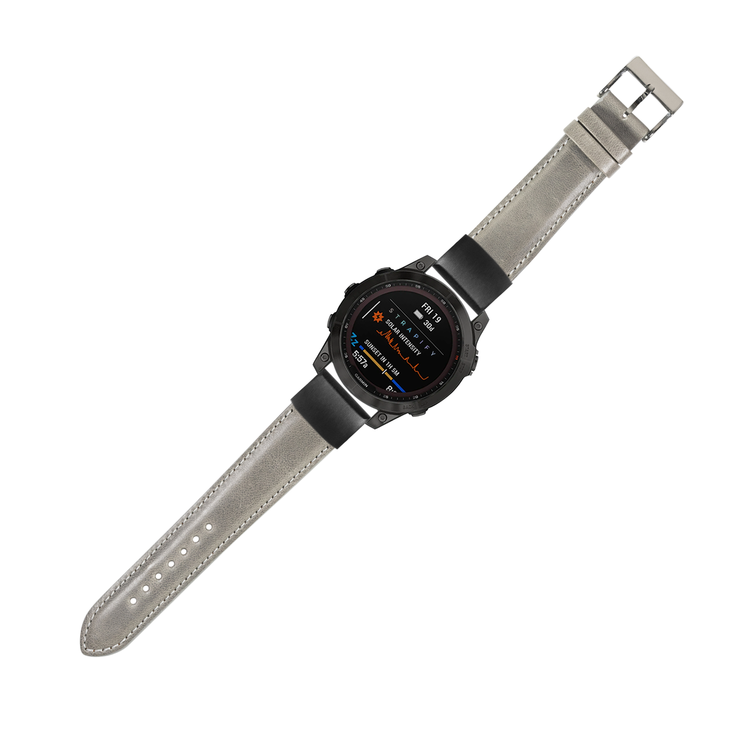 Tactical smartwatch with black case and grey padded leather QuickFit strap