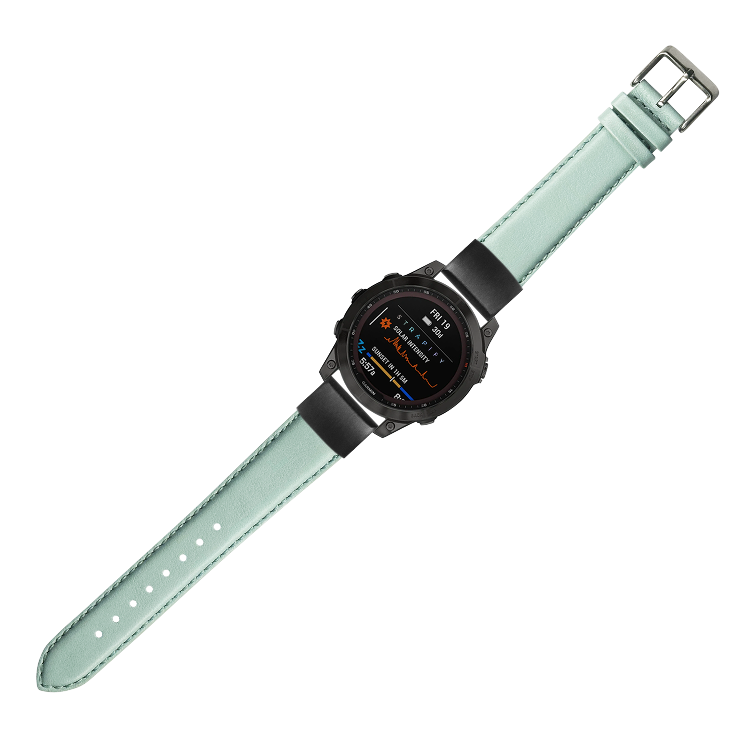 Black smartwatch with light tiffany blue padded leather quick fit band and silver buckle