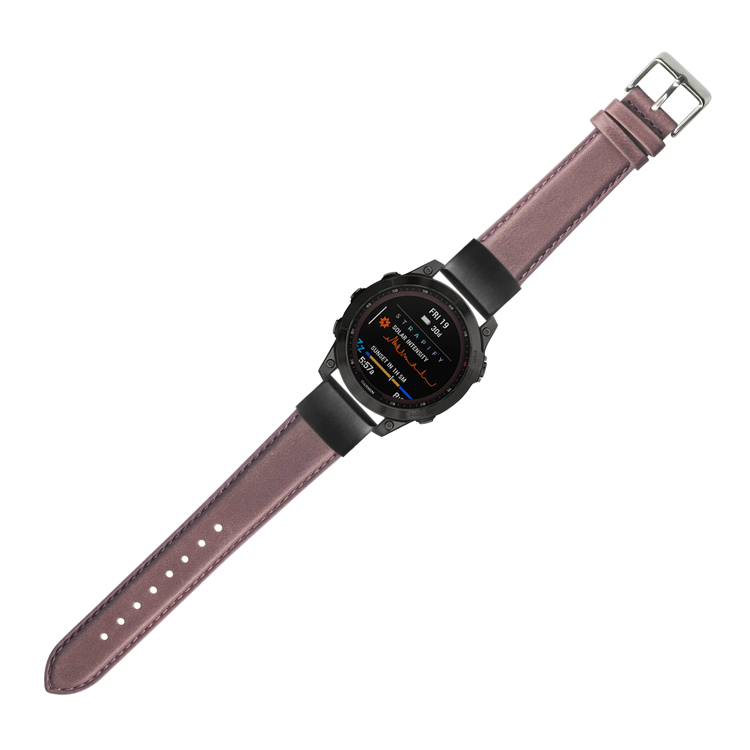 Black digital sports watch with mauve leather QuickFit band and metal buckle