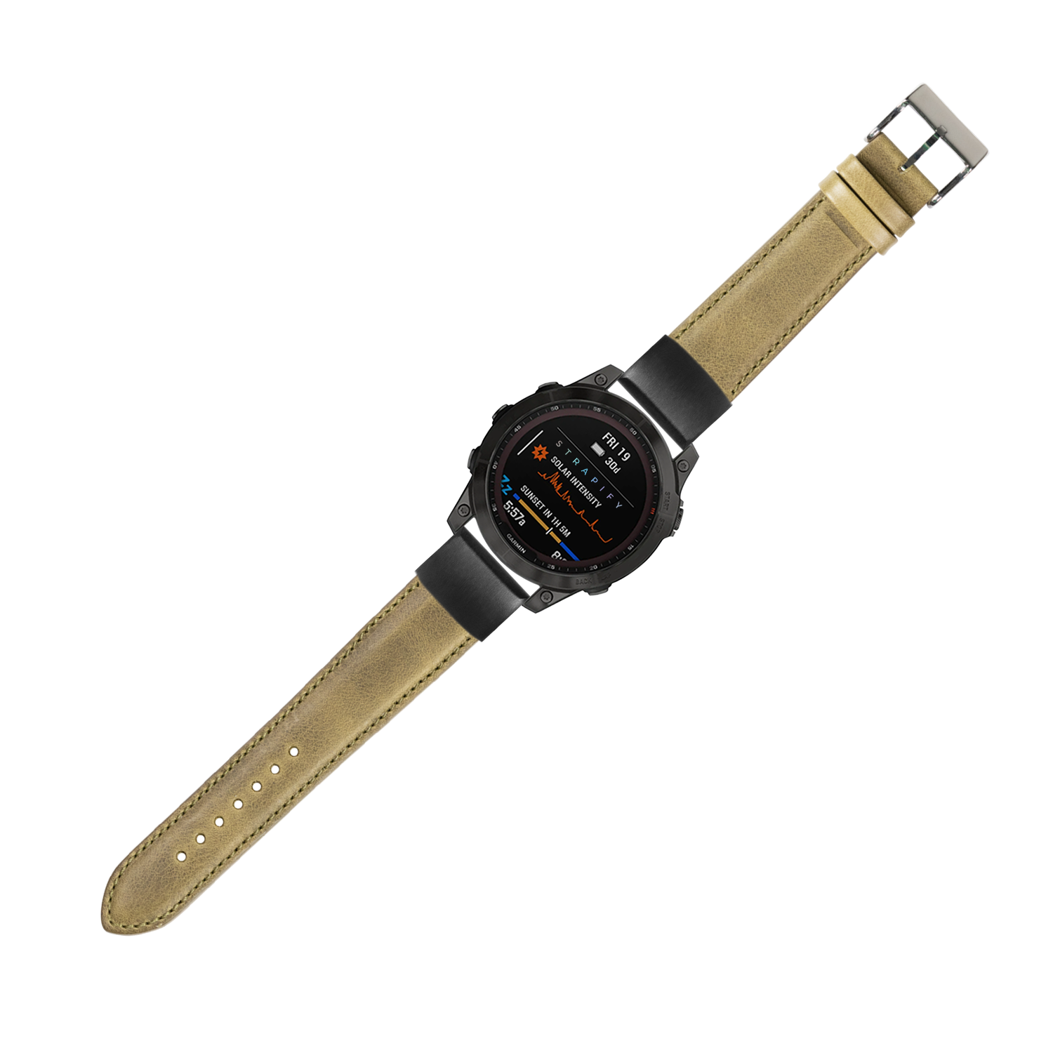 Black digital smartwatch with olive green padded leather strap and stainless steel buckle