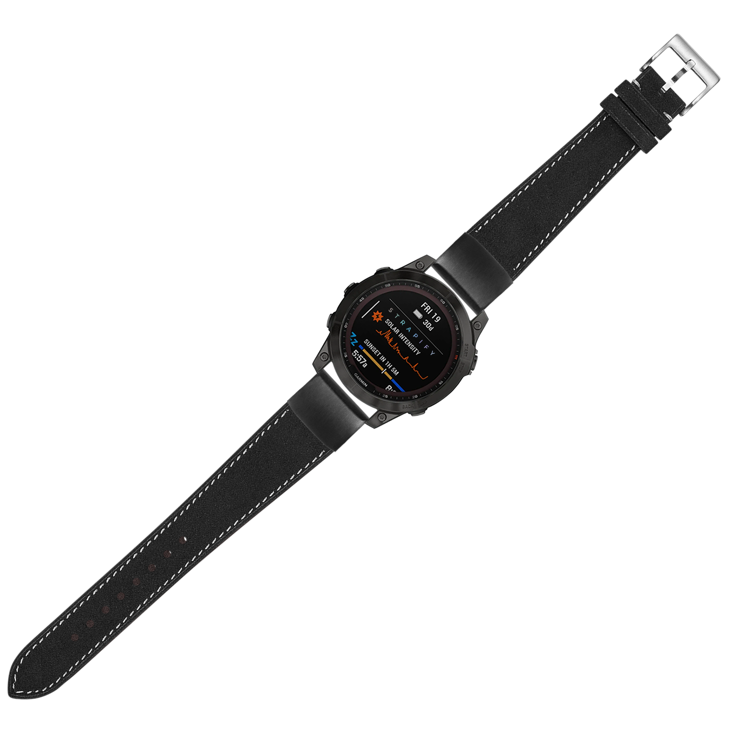 Black Alcantara leather smartwatch band with white stitching, 20mm quick-fit connector and silver buckle