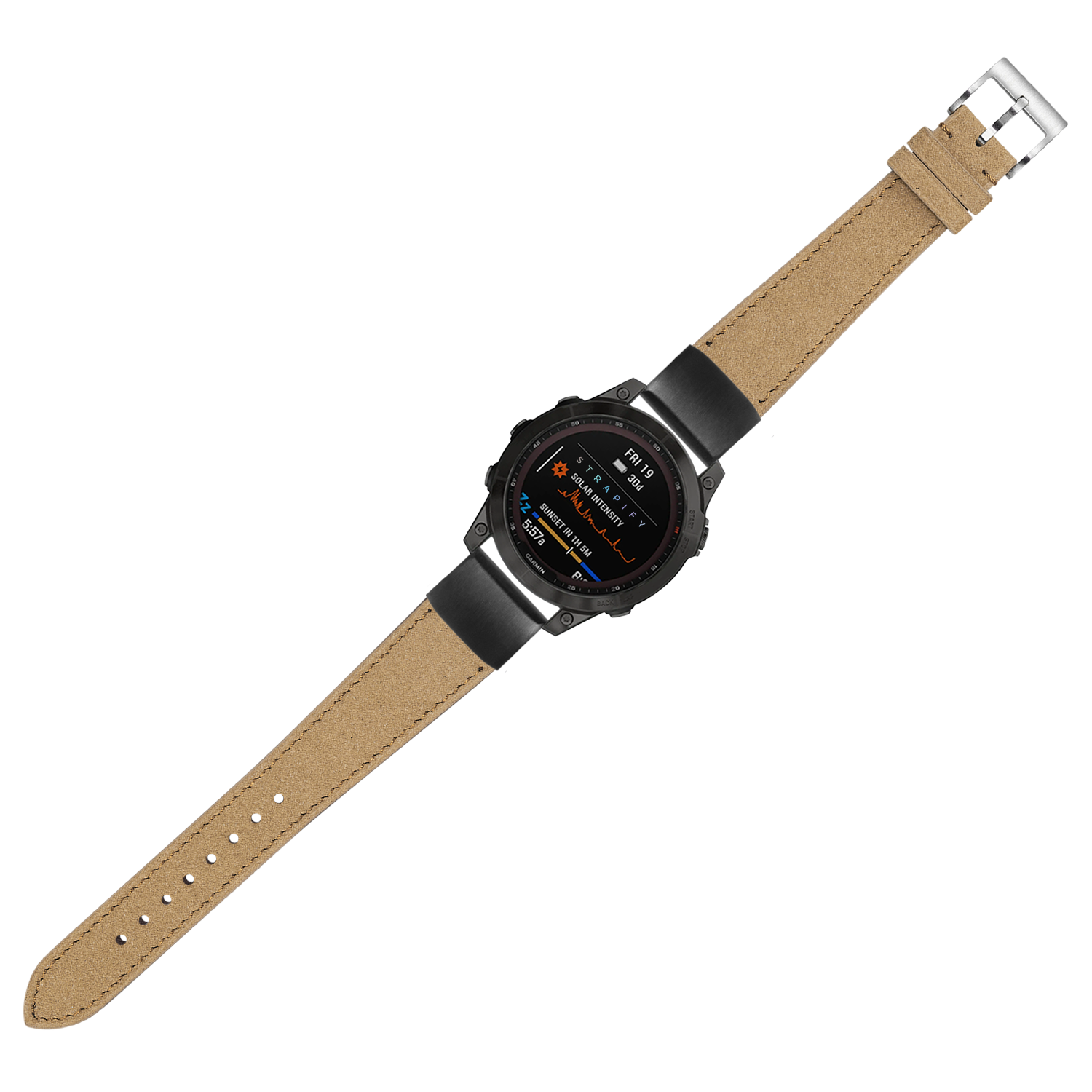 Black smartwatch with AMOLED display and tan Alcantara leather QuickFit band with silver buckle