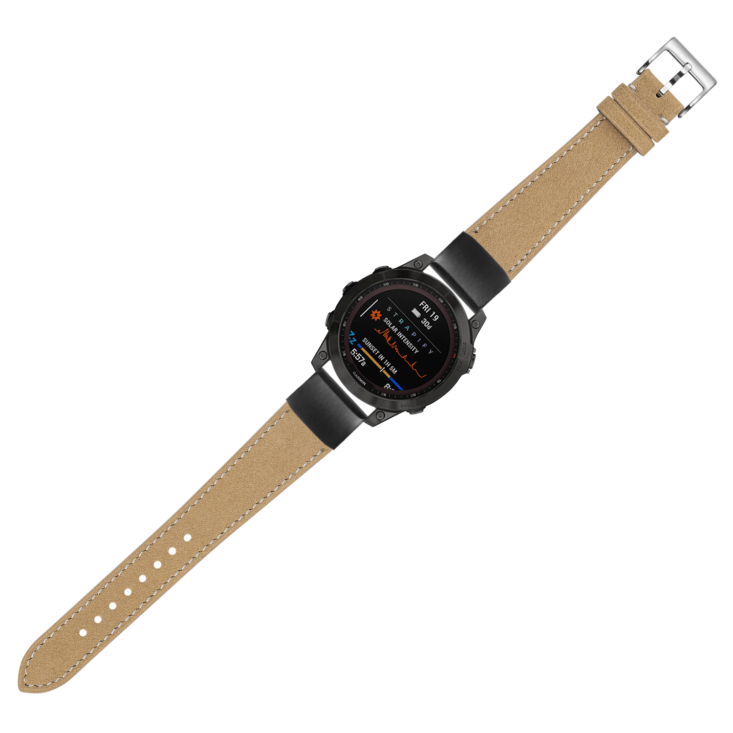 Black digital smartwatch with tan suede leather strap and white stitching, QuickFit 20mm band