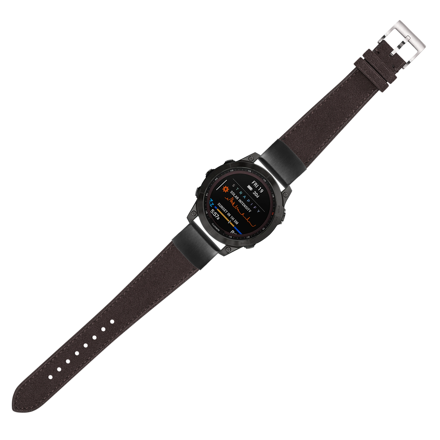 Black digital smartwatch with dark brown Alcantara leather strap and silver buckle clasp