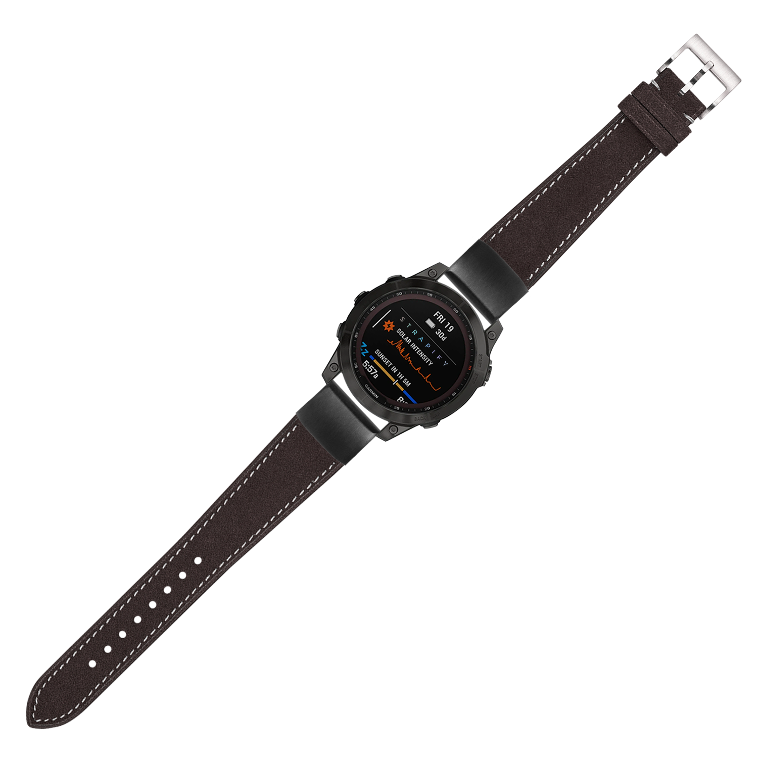 Black digital smartwatch with dark brown leather strap and white stitching