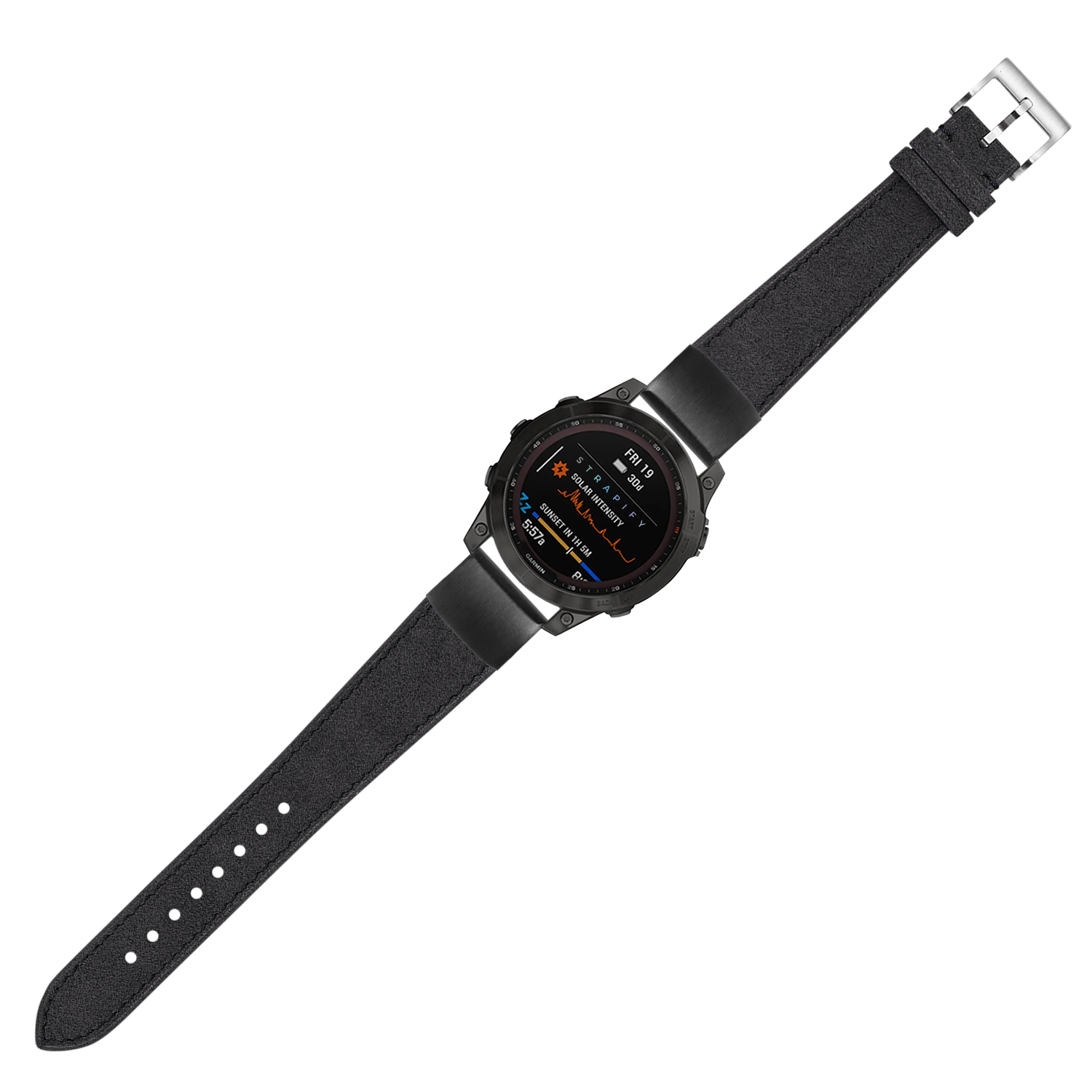 Dark grey Alcantara leather smartwatch band 20mm with silver buckle and textured fabric strap