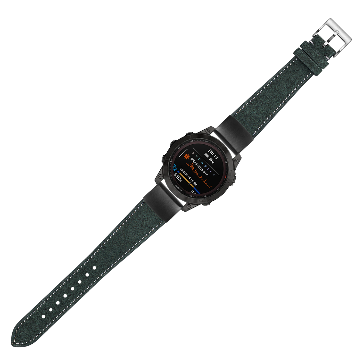 Black smartwatch with green Alcantara leather band, white stitching