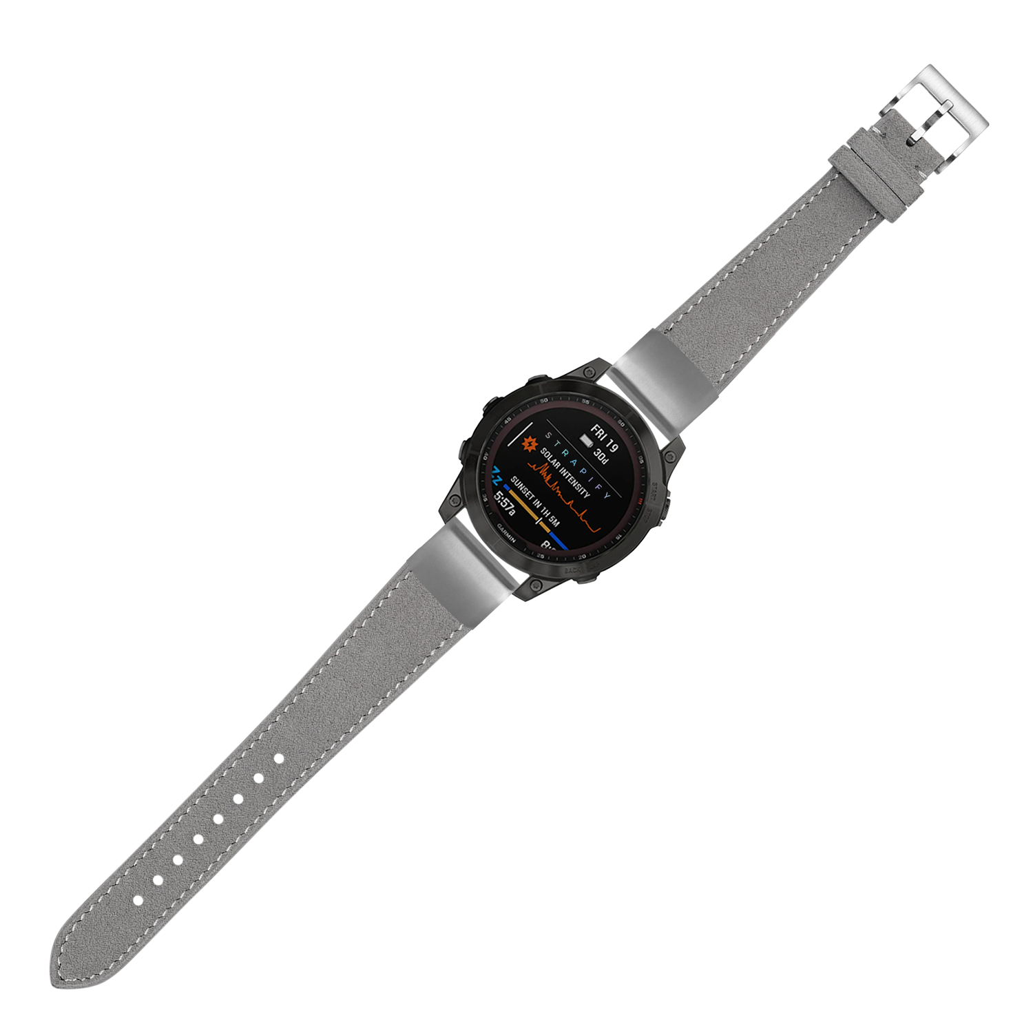 QuickFit Alcantara leather watch strap in grey with white stitching, 20mm width