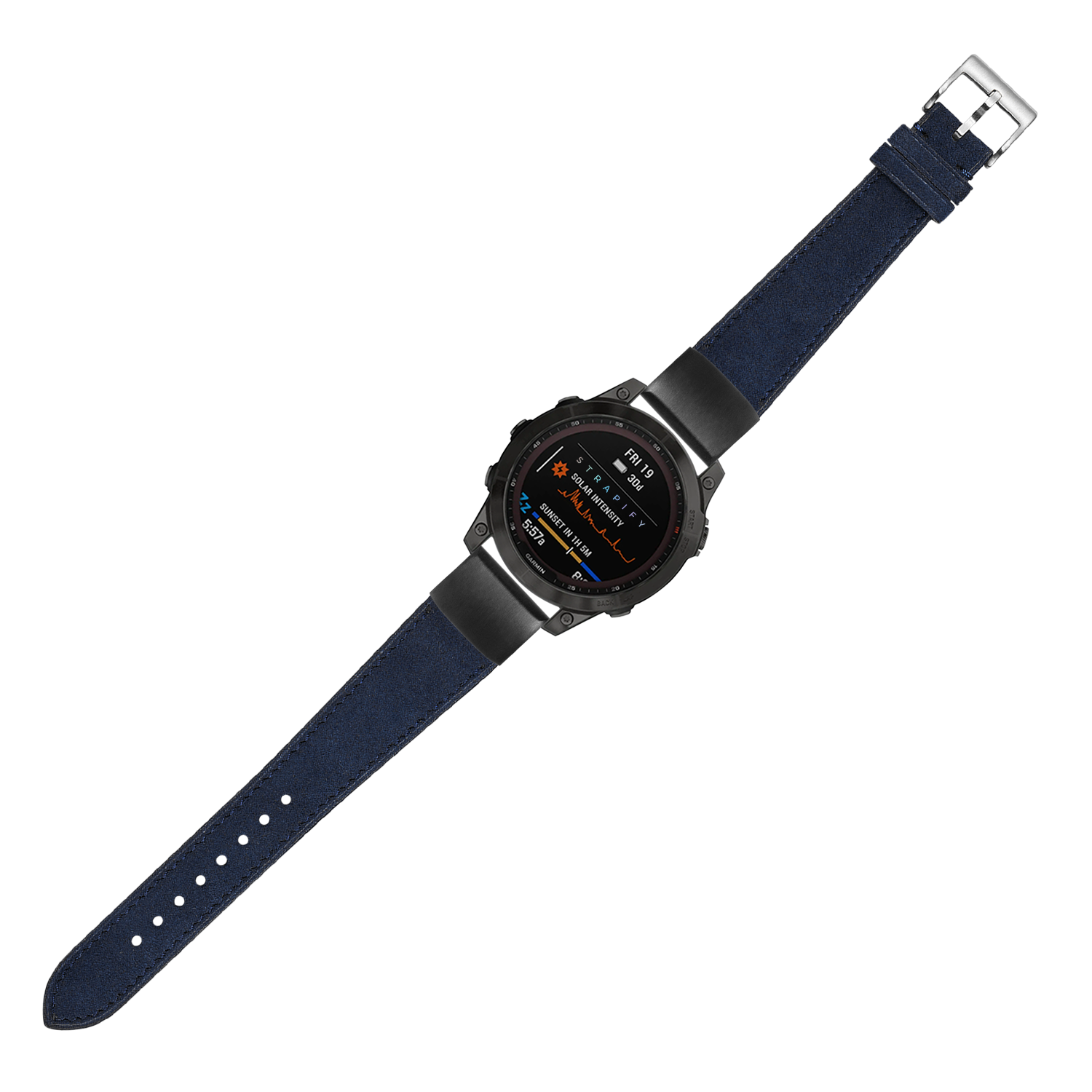 Navy blue Alcantara leather smartwatch band 20mm with black hardware and silver buckle