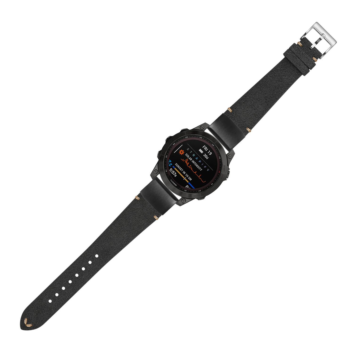 Black smartwatch with dark grey Alcantara leather strap and metal buckle