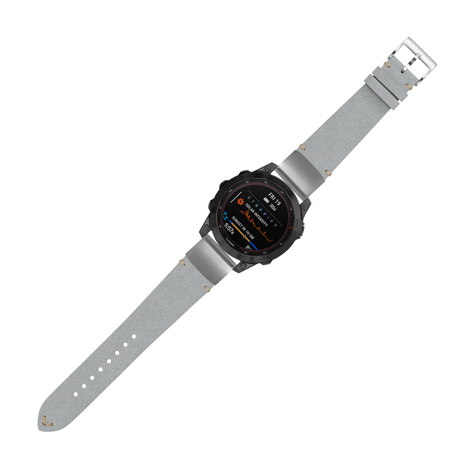 Smartwatch with black digital face and grey suede leather quick-fit band