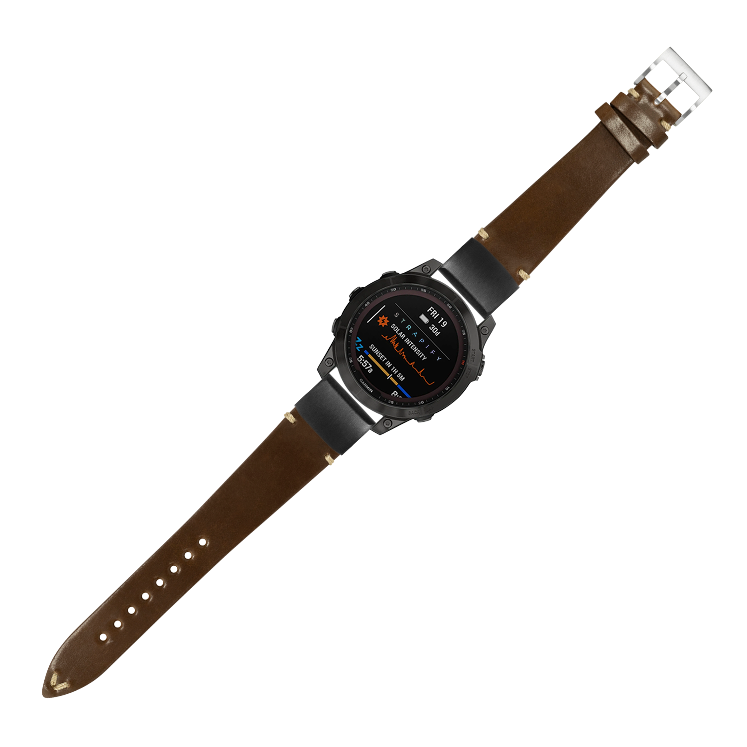 Smartwatch with black digital display and brown leather Horween Shell Cordovan strap with quick-fit connector and silver buckle