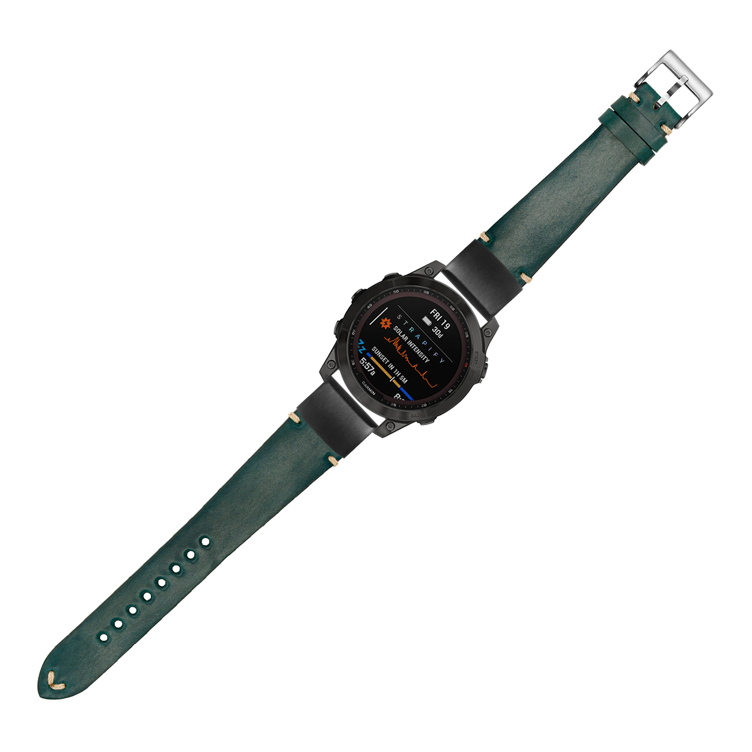 Black digital smartwatch with AMOLED display and green Horween Shell Cordovan leather strap with silver buckle
