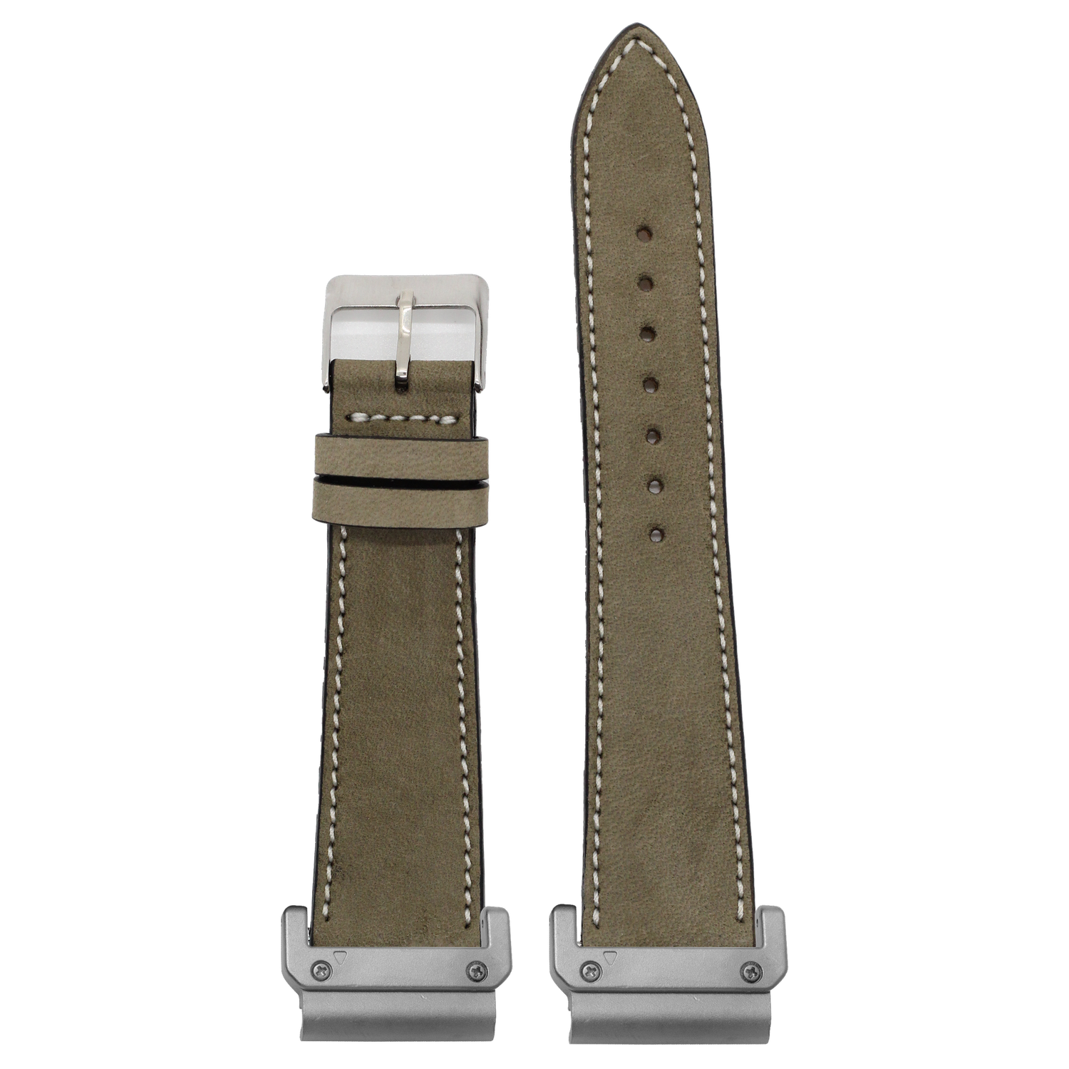 Nubuck Leather Olive Green White Stitching strap with QuickFit adapters attached to both ends